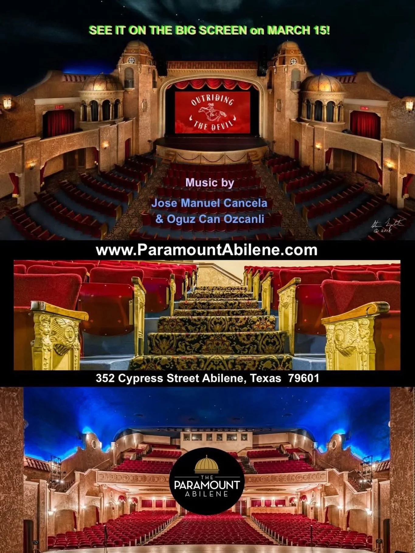 Come to the historic Paramount Abilene Theatre built in 1930 to watch on the big screen 𝙊𝙐𝙏𝙍𝙄𝘿𝙄𝙉𝙂 𝙏𝙃𝙀 𝘿𝙀𝙑𝙄𝙇, which was scored by our 5x Emmy winning client, Jose Manuel Cancela, &amp; Oguz Can Ozcanli. What makes this 2026 Premiere e