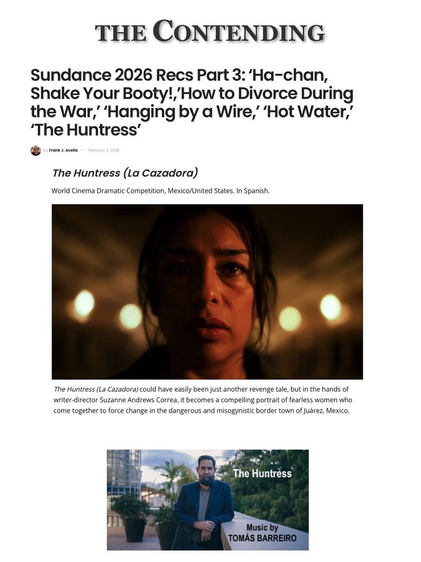 @thecontending has a great write-up about the Sundance Film Festival including the film 𝙏𝙃𝙀 𝙃𝙐𝙉𝙏𝙍𝙀𝙎𝙎 (La Cazadora) scored by our international artist &amp; composer, Tom&aacute;s Barreiro @tomasbarreiroguijosa.
*
Article: LINK IN PROFILE
*