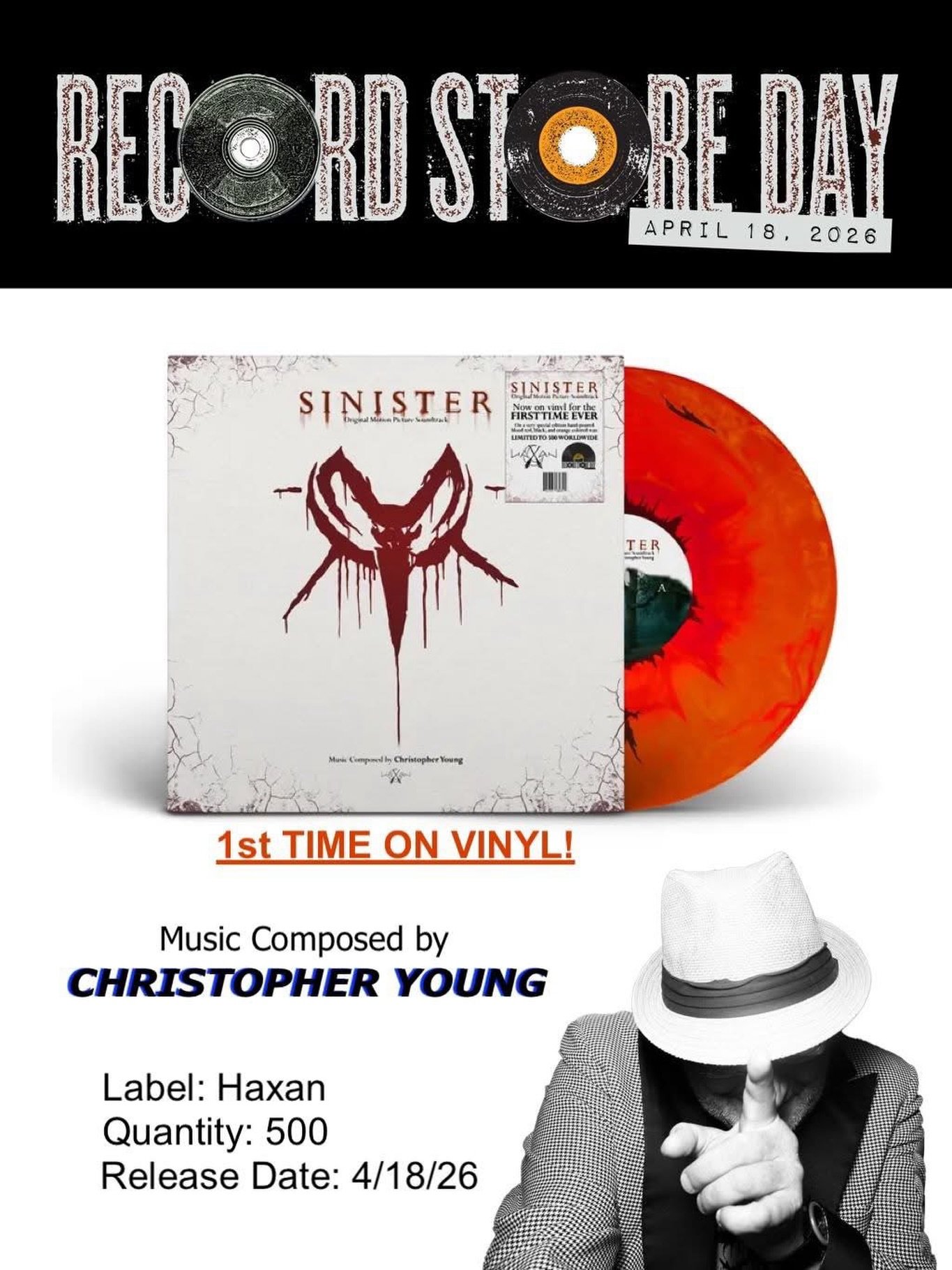 The wait is finally over!

One of the most requested vinyl soundtrack titles ever, 𝙎𝙄𝙉𝙄𝙎𝙏𝙀𝙍 composed by our award-winning legend Christopher Young @officialchristopheryoung, is coming to vinyl for the 1st time on April 18th as part of @record