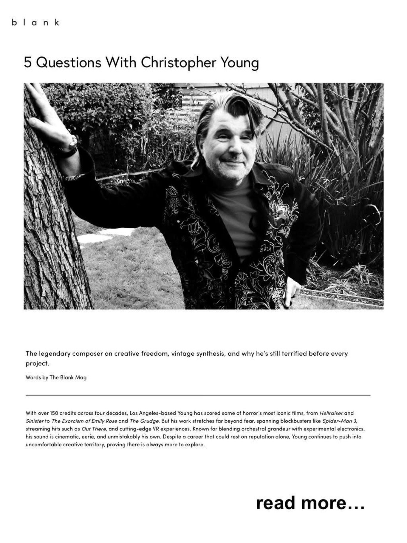 New interview just dropped with BMI Award-winning &amp; Golden Globe &amp; Emmy nominated composer, Christopher Young @officialchristopheryoung! Thank you The Blank Mag. Christopher talks 𝙈𝘼𝙍𝙑𝙀𝙇&rsquo;𝙎 𝘿𝙀𝘼𝘿𝙋𝙊𝙊𝙇 𝙑𝙍, creative freedom,