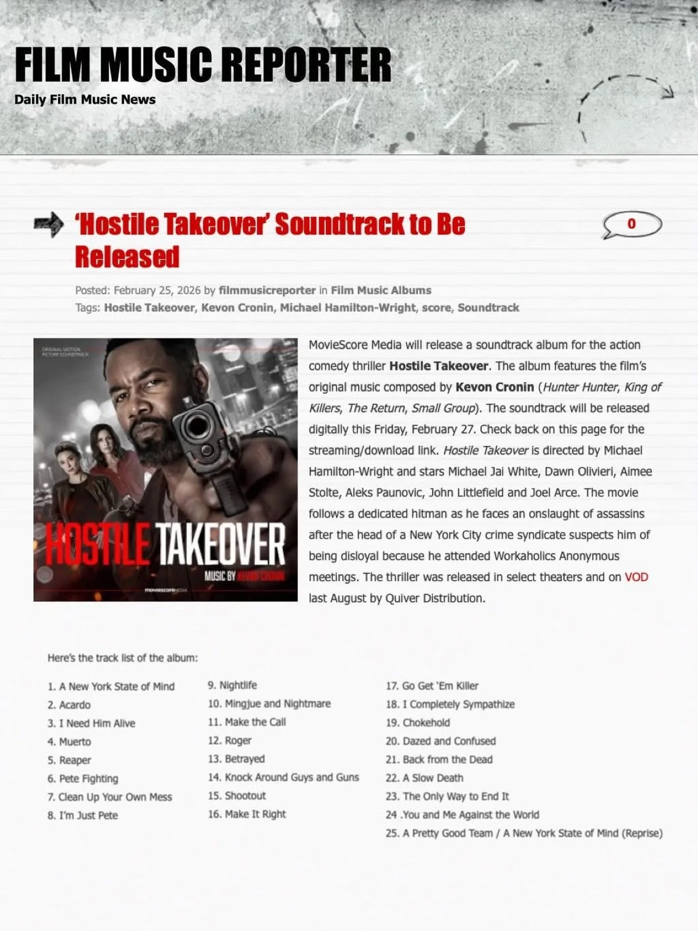 Thank you @filmmusicrep for the scoop!

Our client, Kevon Cronin @kevoncroninmusic, has a new soundtrack dropping this Friday Feb. 27th! Be sure to stream on your favorite platform the action packed score from 𝙃𝙊𝙎𝙏𝙄𝙇𝙀 𝙏𝘼𝙆𝙀𝙊𝙑𝙀𝙍. Pete, a