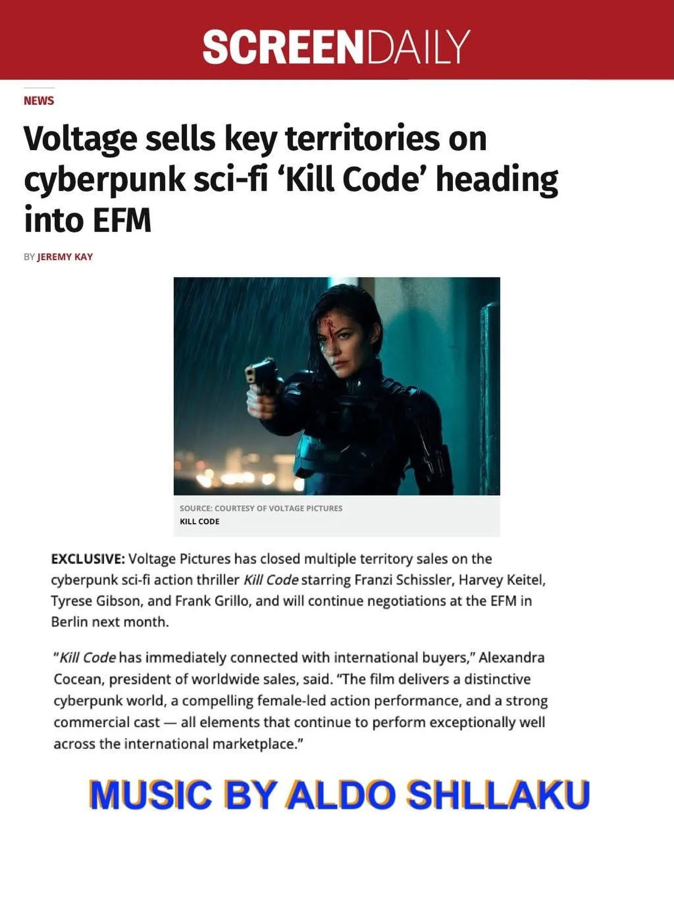 @screendaily has some news on 𝙆𝙄𝙇𝙇 𝘾𝙊𝘿𝙀, which was scored by one of the industries leading action/sci-fi experts, composer Aldo Shllaku @shllaku.aldo. 𝙆𝙄𝙇𝙇 𝘾𝙊𝘿𝙀 stars Harvey Keitel, Frank Grillo, Peter Stormare and Tyrese Gibson.

In 