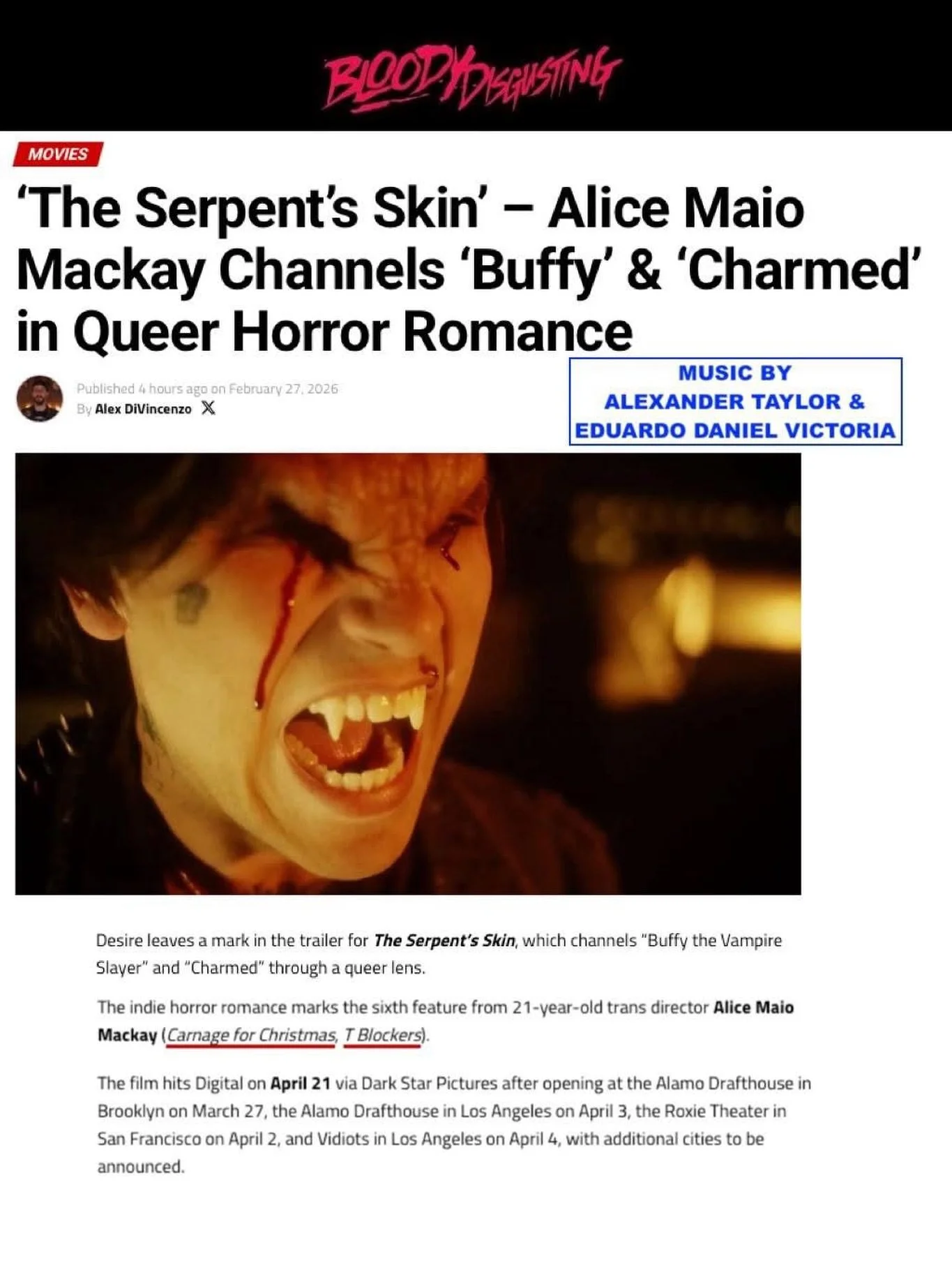 Thank you @bdisgusting for the news! 𝙏𝙃𝙀 𝙎𝙀𝙍𝙋𝙀𝙉𝙏&rsquo;𝙎 𝙎𝙆𝙄𝙉 directed by Alice Maio Mackay and scored by our client Alexander Taylor @alexandertaylormusic along with Eduardo Daniel Victoria, will be coming out to theaters and VOD in M