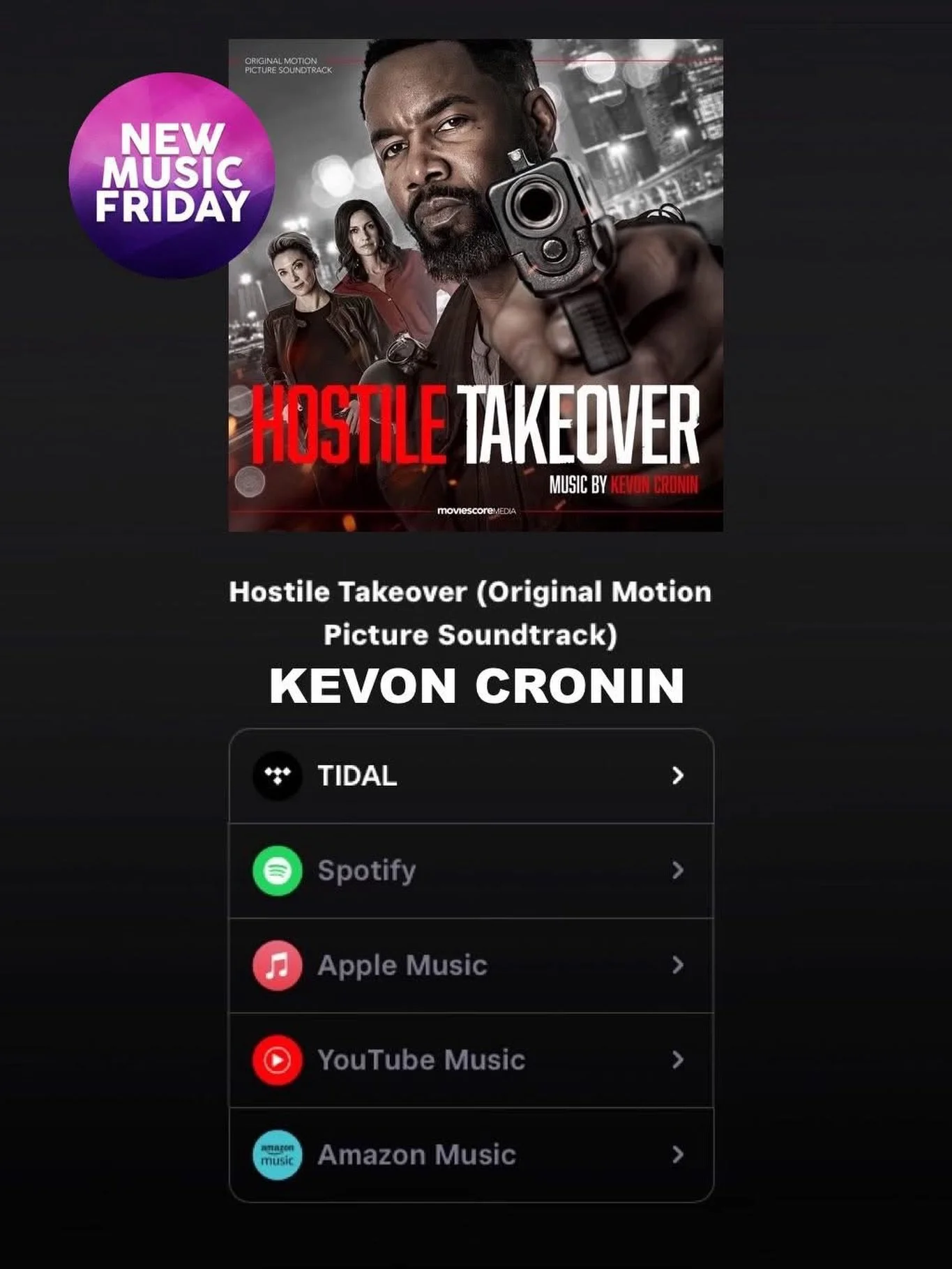 OUT NOW, the soundtrack from 𝙃𝙊𝙎𝙏𝙄𝙇𝙀 𝙏𝘼𝙆𝙀𝙊𝙑𝙀𝙍 composed by our first-rate client, composer Kevon Cronin @kevoncroninmusic! Stream it today from @moviescoremedia.

Pete, a professional hitman, faces a group of assassins after the boss of