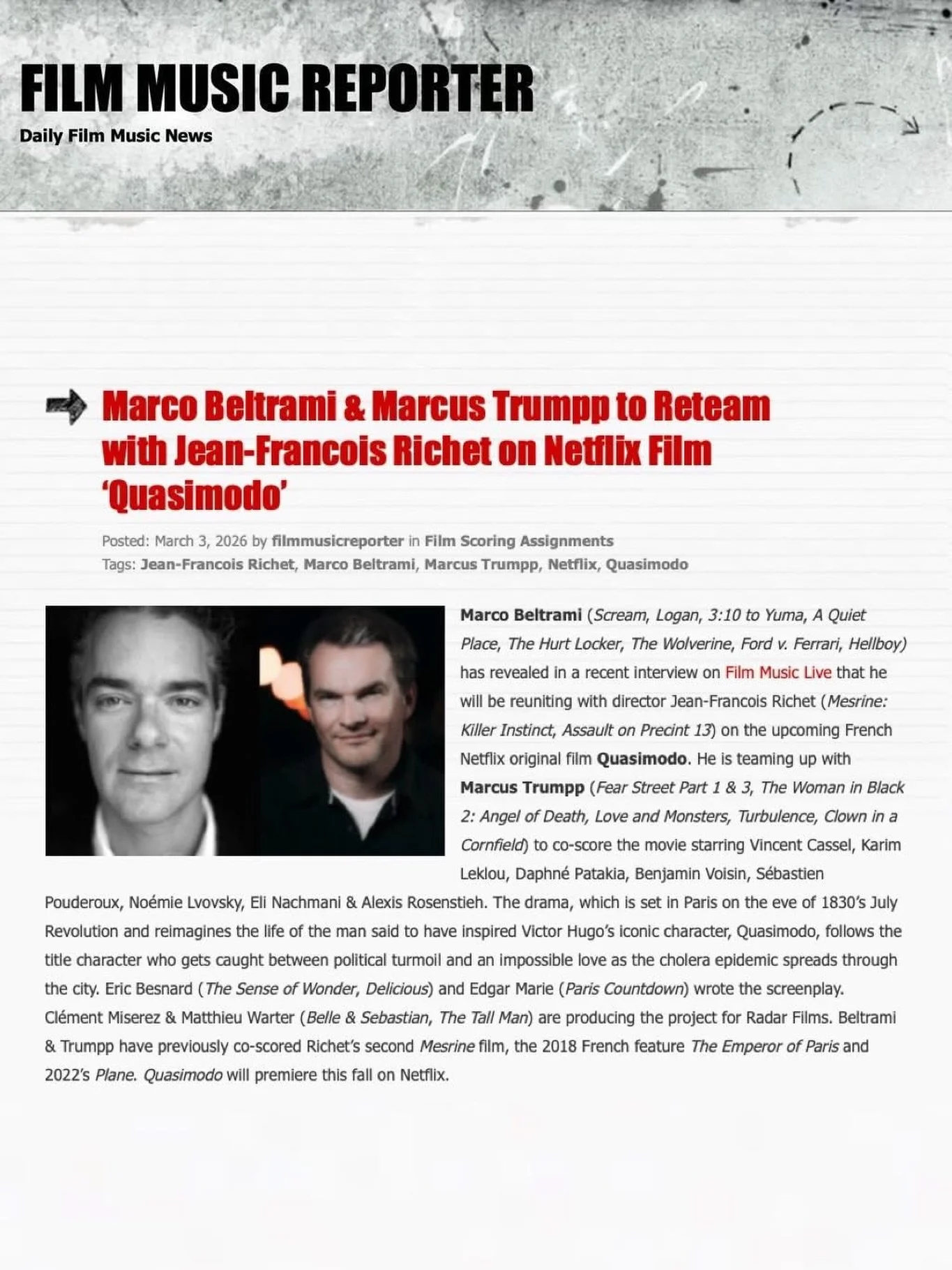 Happy to report our client, Marcus Trumpp @trumppet, is co-scoring Netflix&rsquo;s upcoming dramatic film 𝙌𝙐𝘼𝙎𝙄𝙈𝙊𝘿𝙊 with Marco Beltrami. The film is directed by Jean-Fran&ccedil;ois Richet and is set in Paris 1830. Read the article from our 