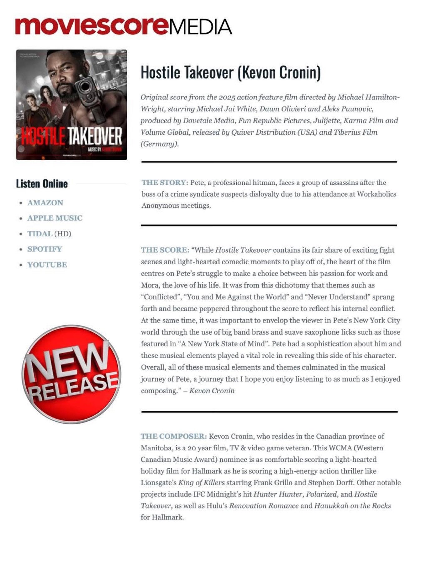 🎹 NEW MUSIC 🎹

@moviescoremedia just released the soundtrack to 𝙃𝙊𝙎𝙏𝙄𝙇𝙀 𝙏𝘼𝙆𝙀𝙊𝙑𝙀𝙍 composed by our immensely talented client, composer Kevon Cronin @kevoncroninmusic!

&ldquo;While Hostile Takeover contains its fair share of exciting f