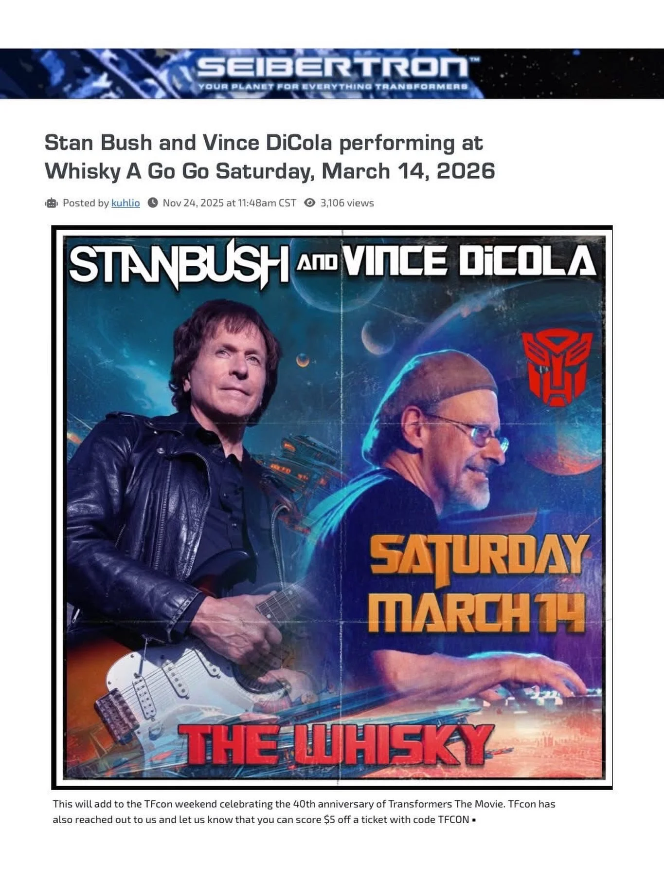 Seibertron.com posted some news about this Saturday&rsquo;s March 14th concert!  Our client, Vince DiCola @dicolaofficial and Stan Bush, will be performing music and celebrating the 40th Anniversary of 𝙏𝙃𝙀 𝙏𝙍𝘼𝙉𝙎𝙁𝙊𝙍𝙈𝙀𝙍𝙎 𝙏𝙃𝙀 𝙈𝙊𝙑𝙄?