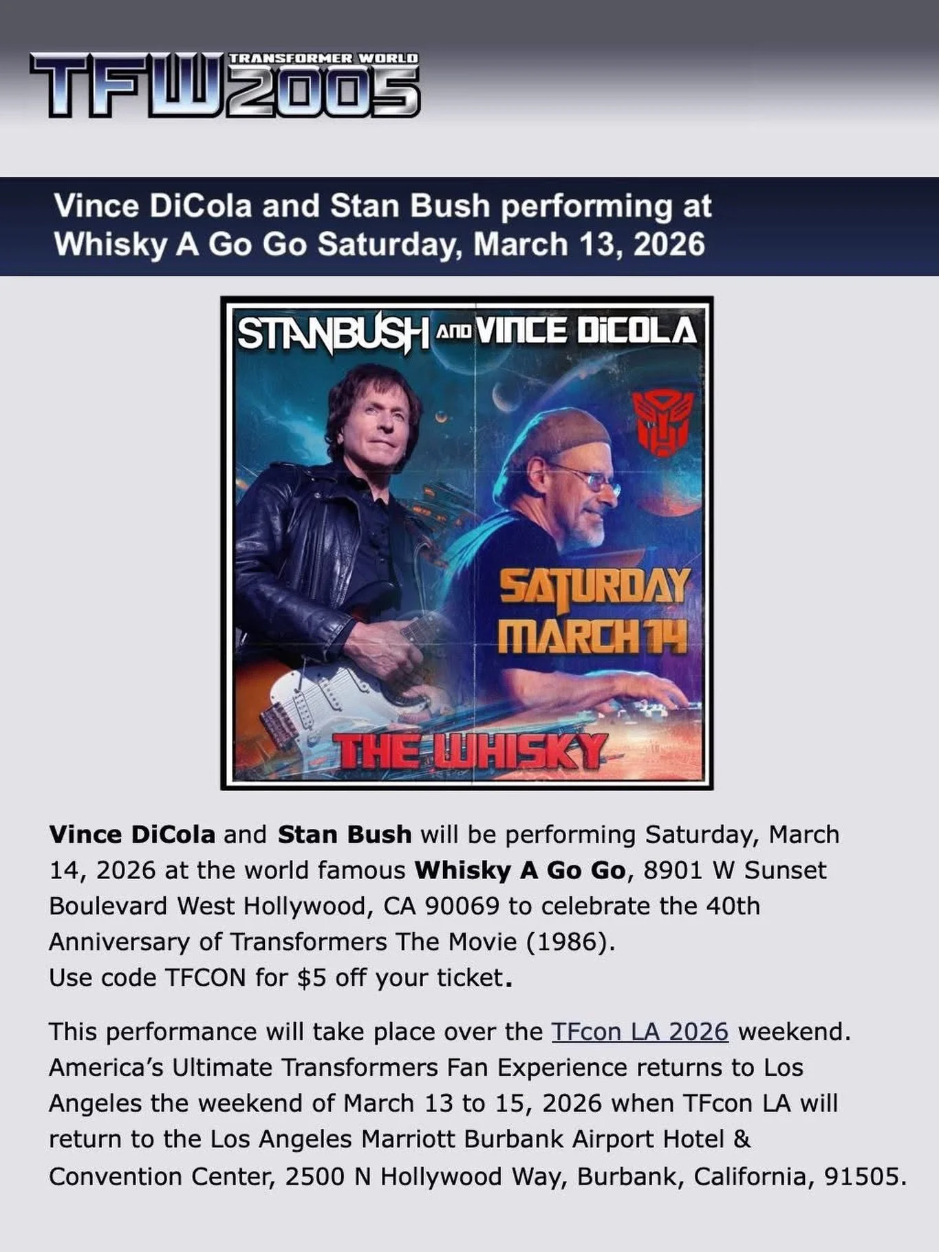 Big thanks to TFW2005 for getting the word out about this weekend&rsquo;s epic concert where our client Vince DiCola @dicolaofficial &amp; Stan Bush will be celebrating on stage the 40th Anniversary of 𝙏𝙃𝙀 𝙏𝙍𝘼𝙉𝙎𝙁𝙊𝙍𝙈𝙀𝙍𝙎 𝙏𝙃𝙀 𝙈𝙊𝙑𝙄?