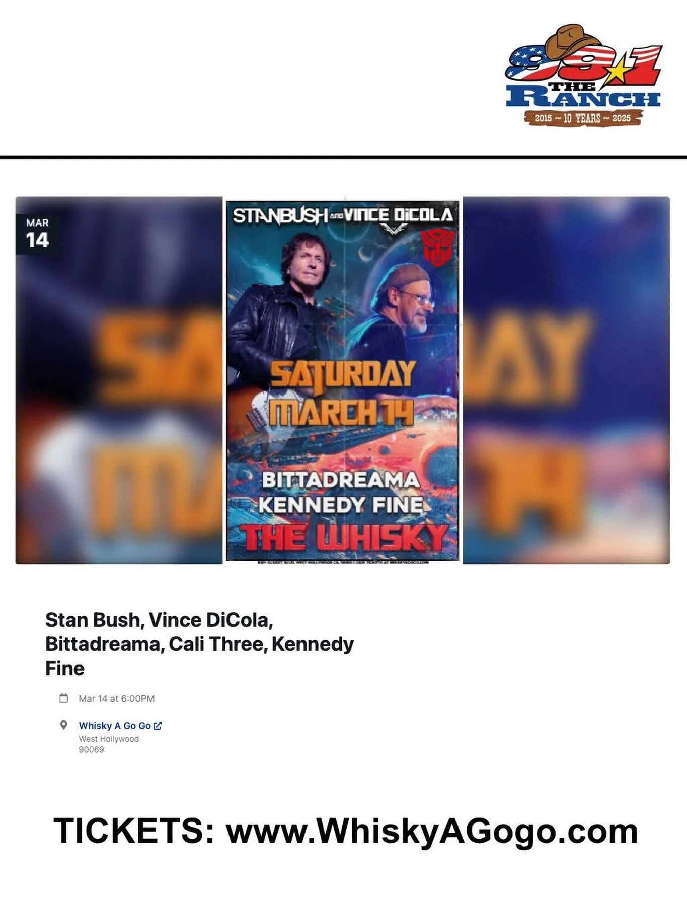 Simi Valley&rsquo;s @991theranch is helping us get the word out on this weekend&rsquo;s EPIC concert! Come join our Grammy &amp; Golden Globe nominated client, Vince DiCola @dicolaofficial as he joins Stan Bush on stage to celebrate the 40th Annivers