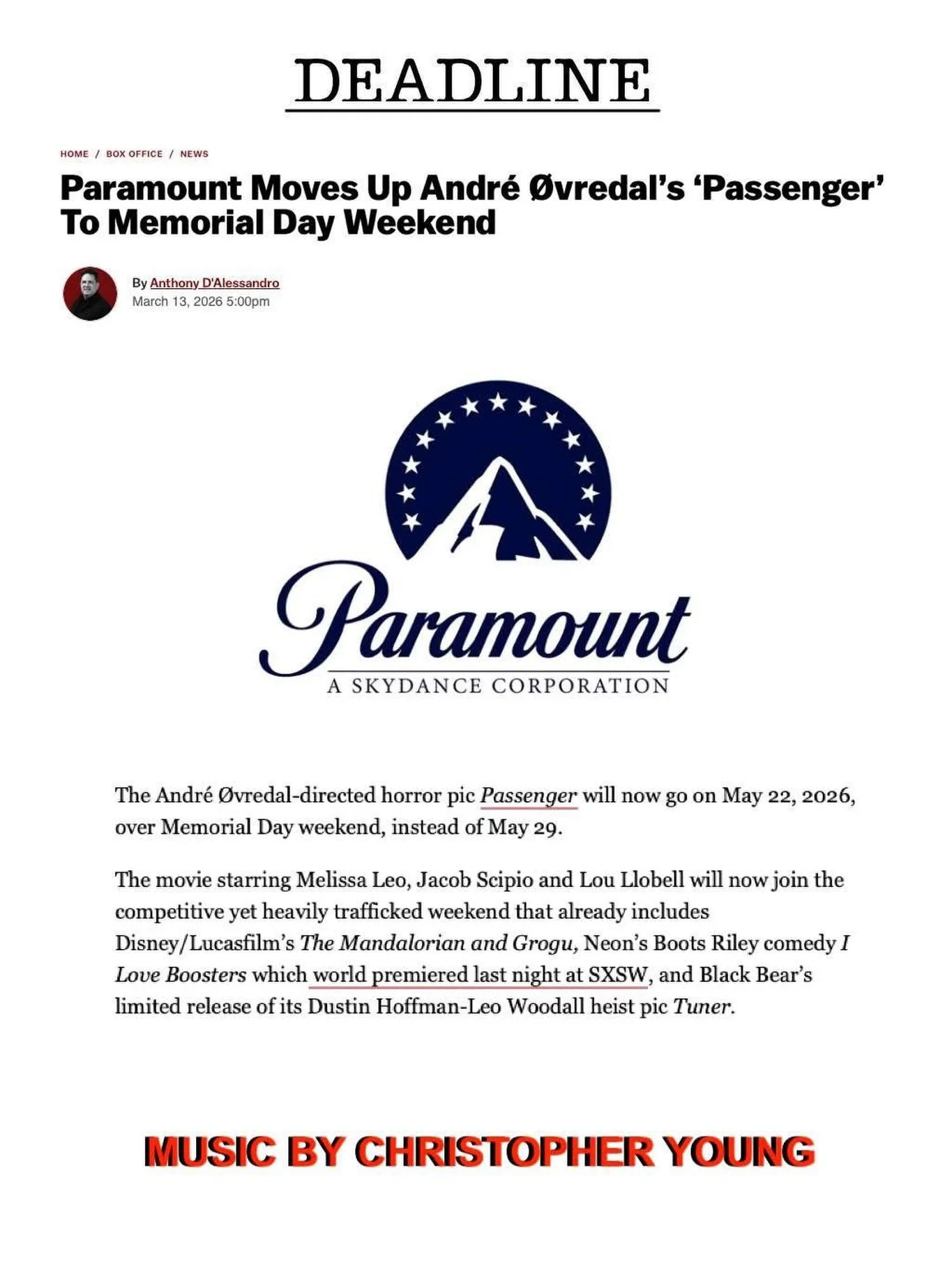 Good news about 𝙋𝘼𝙎𝙎𝙀𝙉𝙂𝙀𝙍! You&rsquo;ll now be able to watch it in theaters a week early on Memorial Day Weekend! Even better news is we get a brand new score by the master of scary music, our client Christopher Young @officialchristopheryou