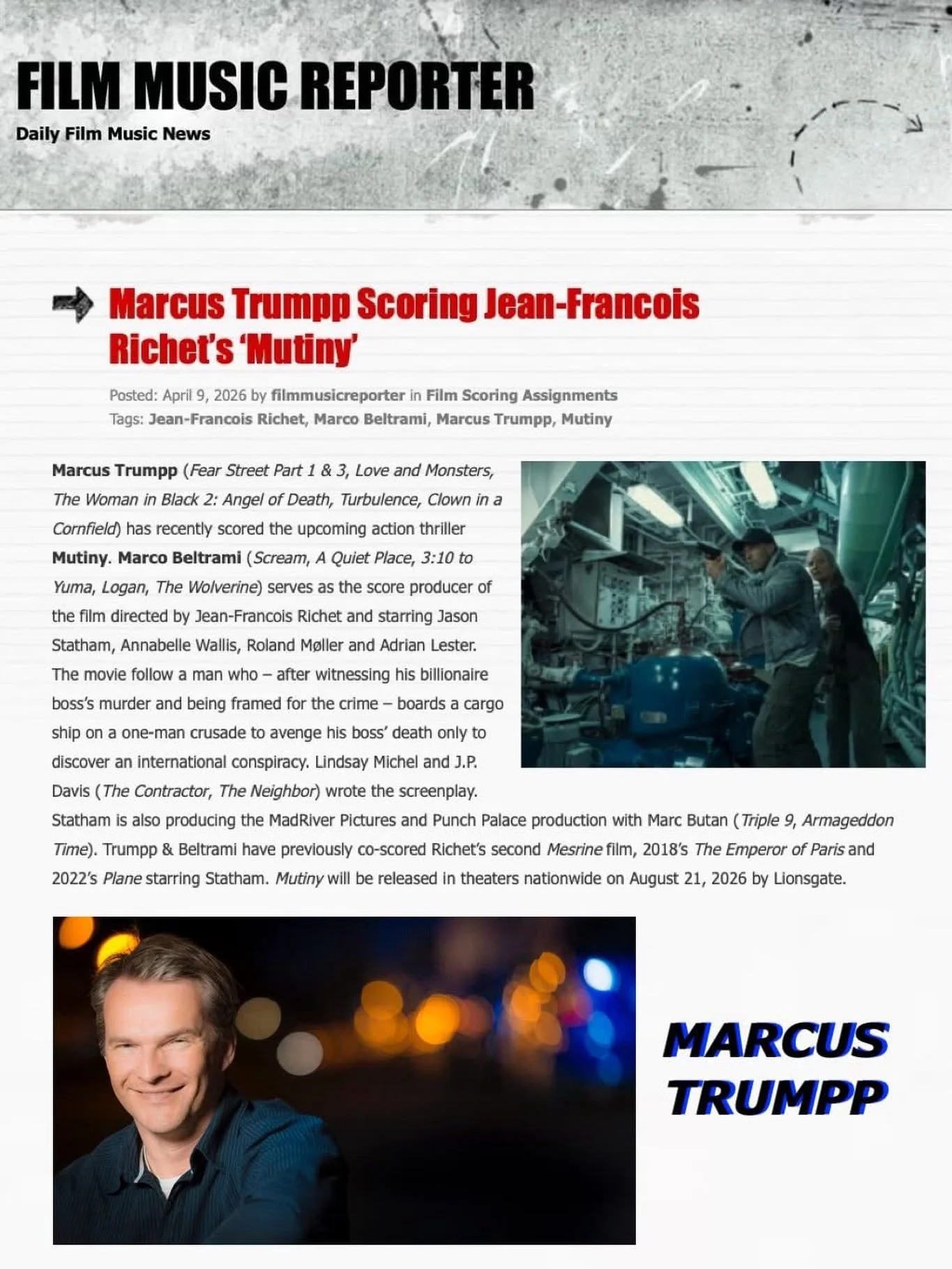Thank you to @filmmusicrep for the early spotlight!

We&rsquo;re thrilled to announce that our client, composer Marcus Trumpp @trumppet, has completed the score for the highly anticipated action thriller 𝙈𝙐𝙏𝙄𝙉𝙔, directed by the visionary Jean-F