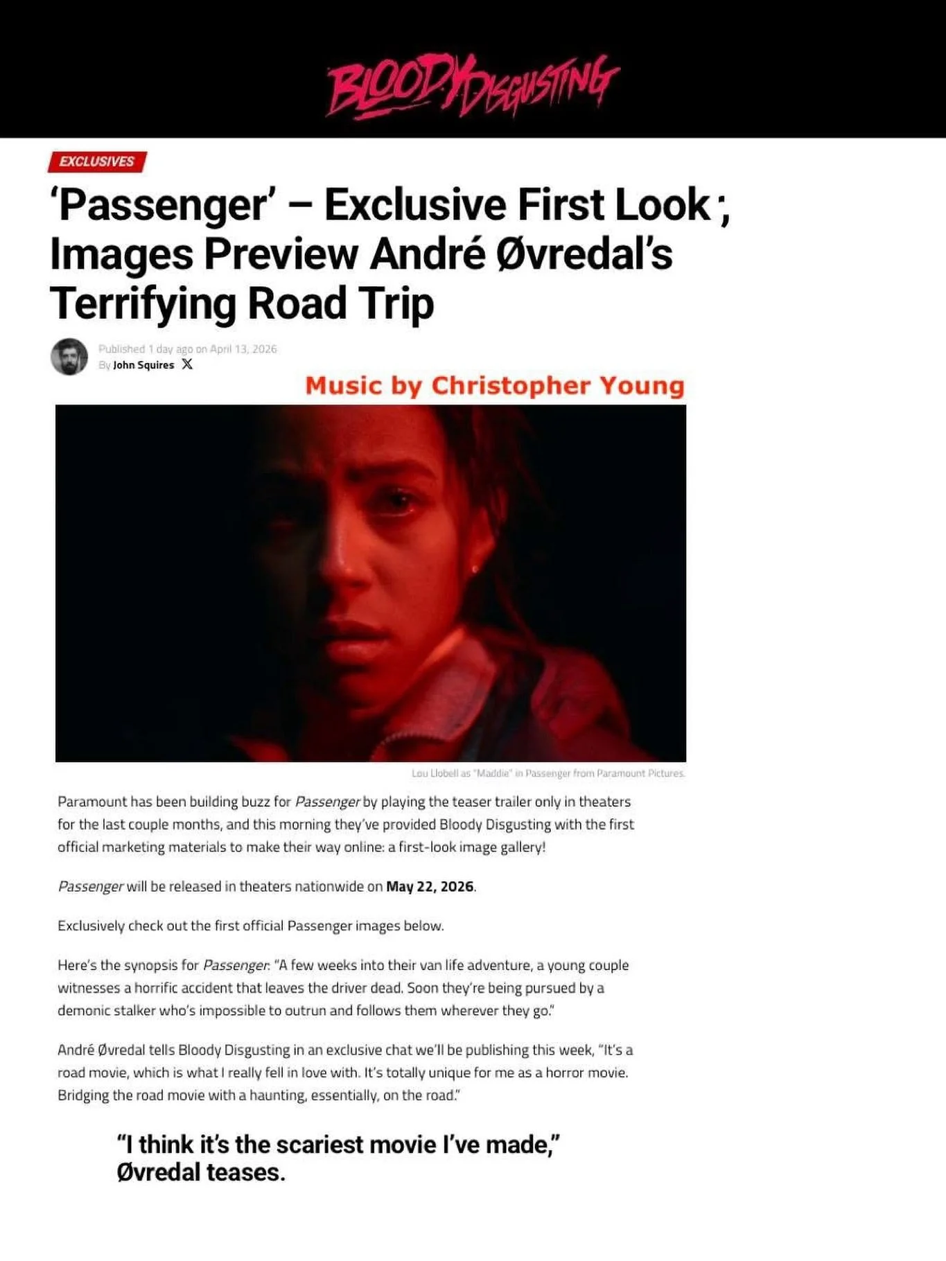 @bdisgustingpod has the scoop! Follow the link for the exclusive first look of images from the highly anticipated theatrical horror film, 𝙋𝘼𝙎𝙎𝙀𝙉𝙂𝙀𝙍, scored by the most respected genre composer in Hollywood, our client, Christopher Young @off