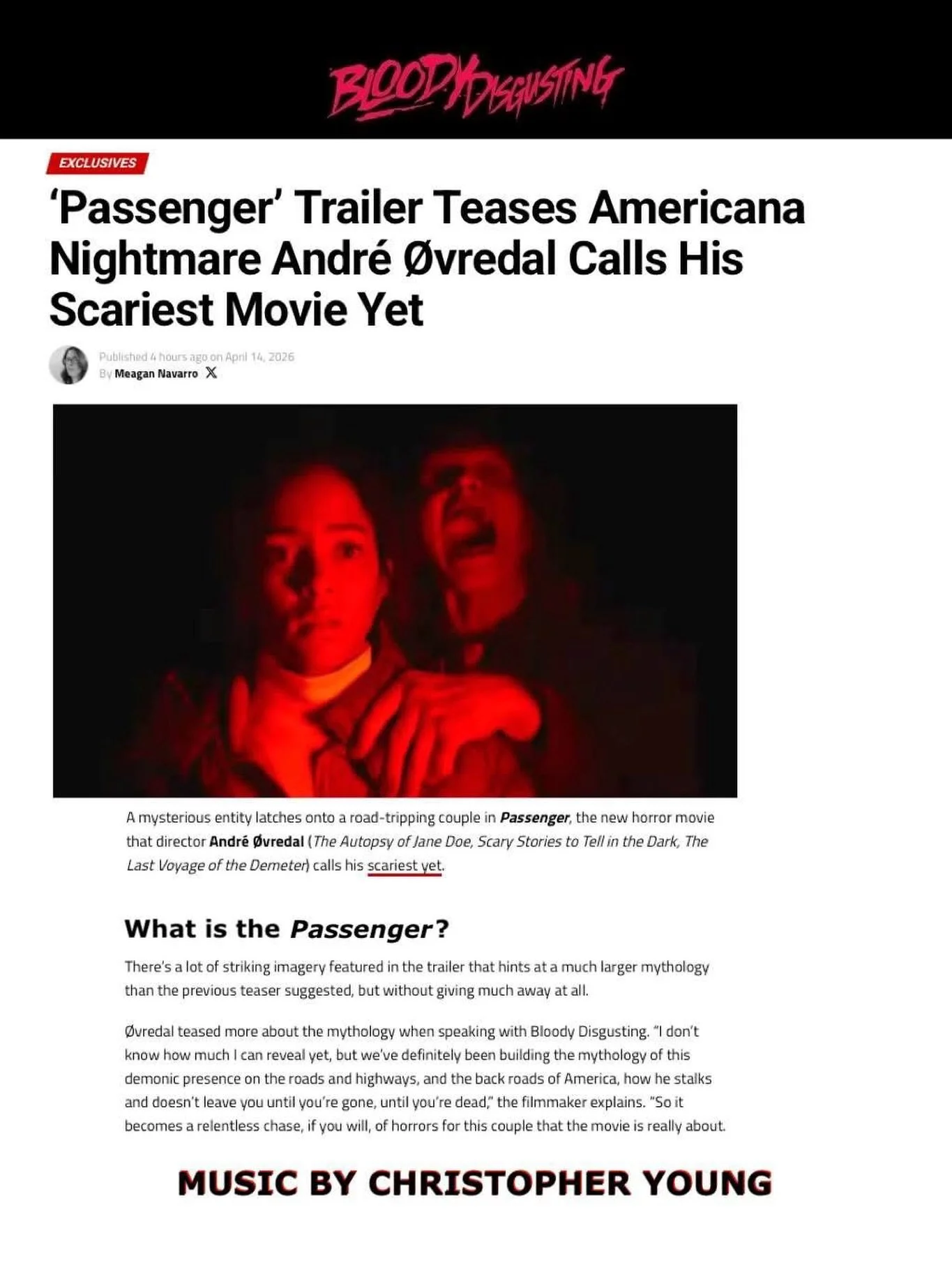 And now the trailer for @paramountpics, 𝙋𝘼𝙎𝙎𝙀𝙉𝙂𝙀𝙍! Christopher Young @officialchristopheryoung, had an absolute blast teaming up with @andreovredal! Watch 𝙋𝘼𝙎𝙎𝙀𝙉𝙂𝙀𝙍 only on the big screen on May 22nd. @bdisgusting has the trailer, f