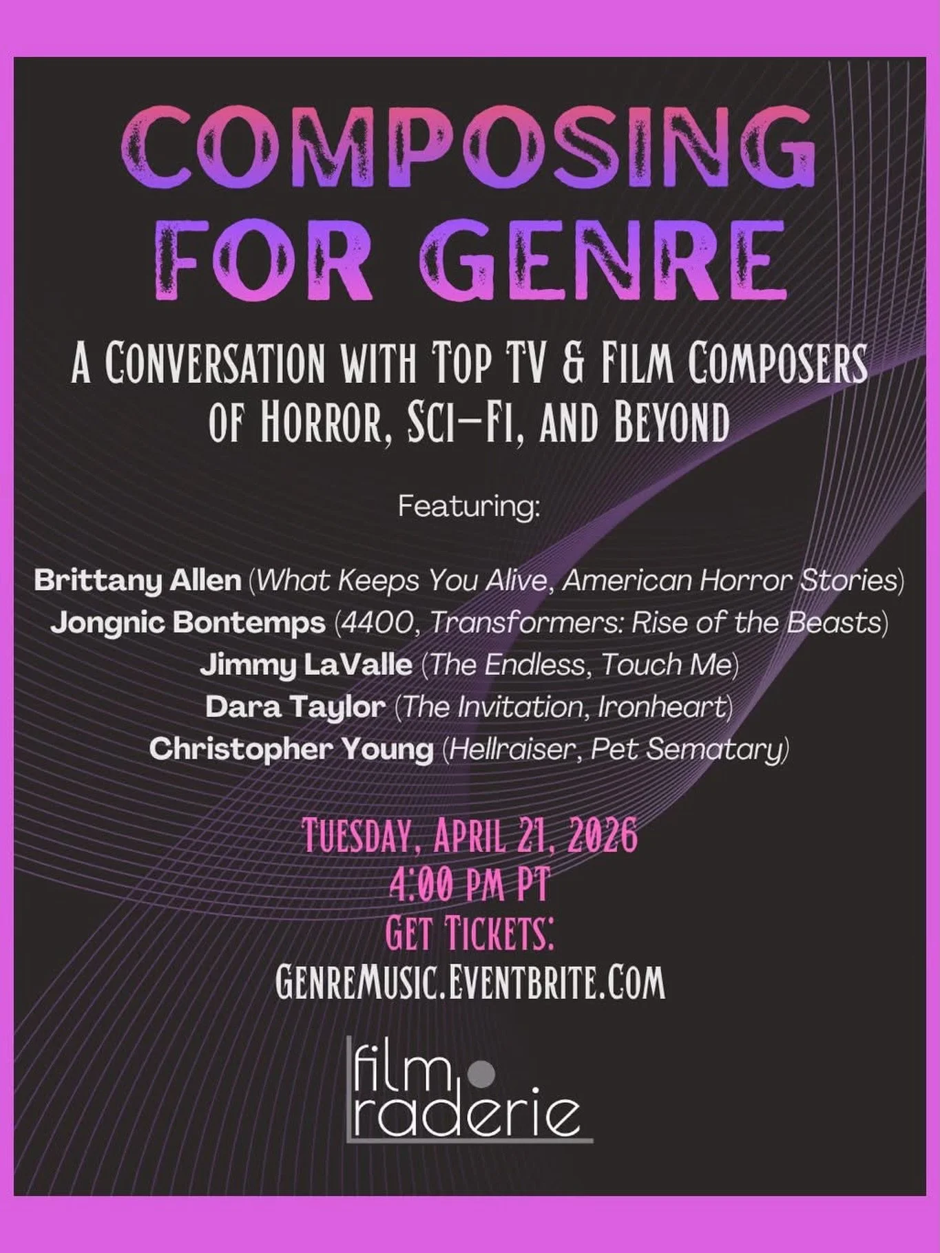 Our BMI award-winning &amp; Golden Globe &amp; Emmy nominated client, Christopher Young @officialchristopheryoung, will be a special guest next Tuesday April 21st on the &ldquo;Composing For Genre&rdquo; virtual panel put on by Film&bull;Raderie &amp