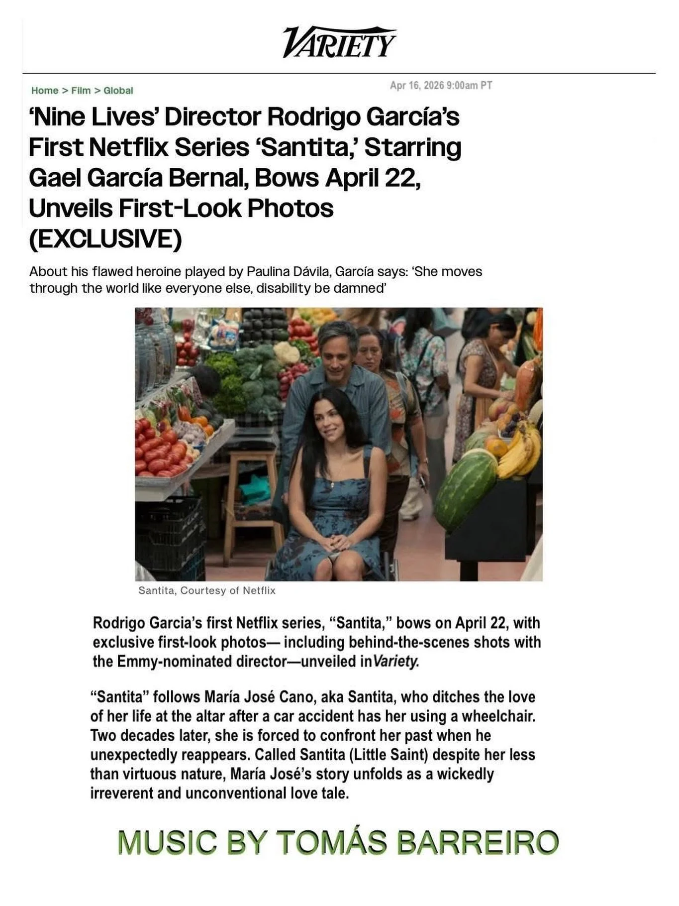 @variety has the first-look at @netflix&rsquo;s April 22nd series, 𝙎𝘼𝙉𝙏𝙄𝙏𝘼, which was scored by our esteemed client, Tom&aacute;s Barreiro @tomasbarreiroguijosa.

𝙎𝘼𝙉𝙏𝙄𝙏𝘼 was directed by Emmy nominated Rodrigo Garc&iacute;a (𝘼𝙇𝘽𝙀𝙍?