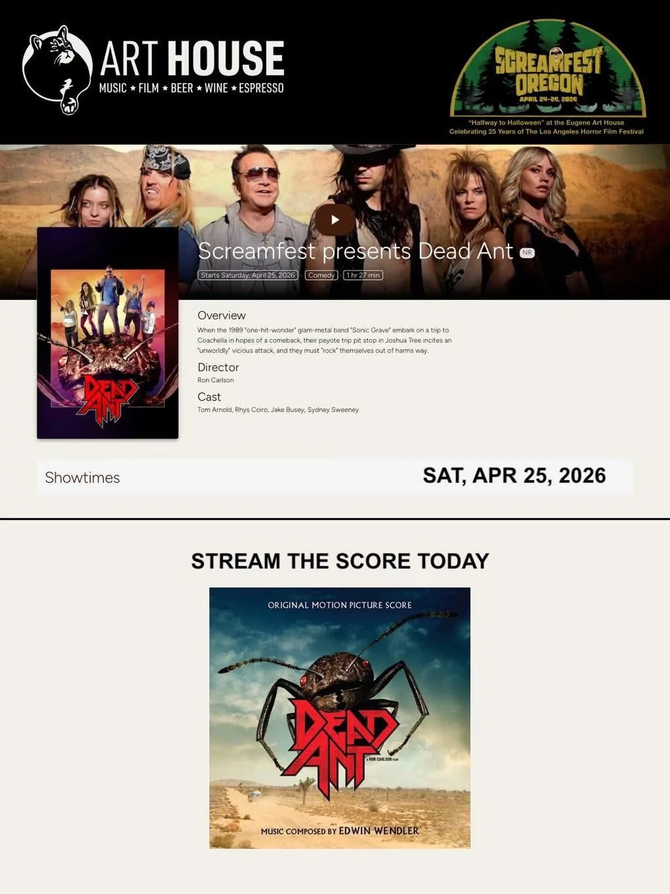 Watch 𝘿𝙀𝘼𝘿 𝘼𝙉𝙏, scored by our client Edwin Wendler @edwinwendler, on the big screen again this Saturday April 25th as part of &lsquo;Screamfest Oregon&rsquo;! This delightfully funny and scary film was directed by Ron Carlson and stars Sydney 