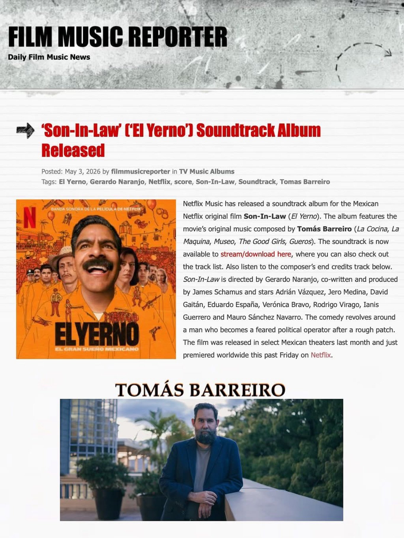 Our friends at @filmmusicrep have a nice write up about @netflix&rsquo;s 𝙎𝙊𝙉-𝙄𝙉-𝙇𝘼𝙒 (El Yerno), scored by our premiere client, Tom&aacute;s Barreiro @tomasbarreiroguijosa. The film was produced &amp; written by James Schamus (𝘾𝙍𝙊𝙐𝘾𝙃𝙄𝙉