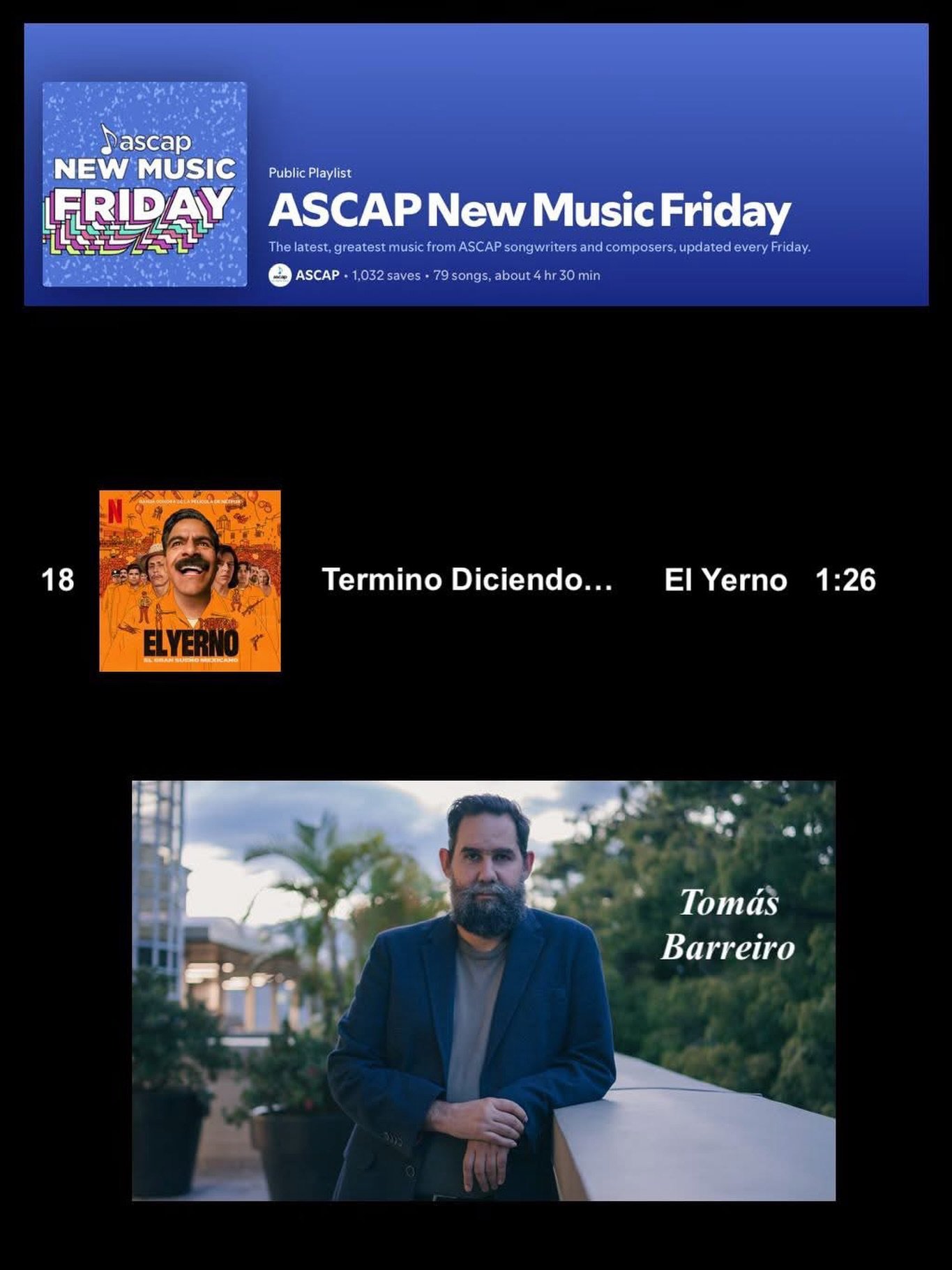 Looking for new tunes? We got you covered with @ascap&rsquo;s New Music Friday Playlist. Listen to a track from the just released soundtrack @netflix&rsquo;s 𝙎𝙊𝙉-𝙄𝙉-𝙇𝘼𝙒 (El Yerno) by our client Tom&aacute;s Barreiro @tomasbarreiroguijosa!

St