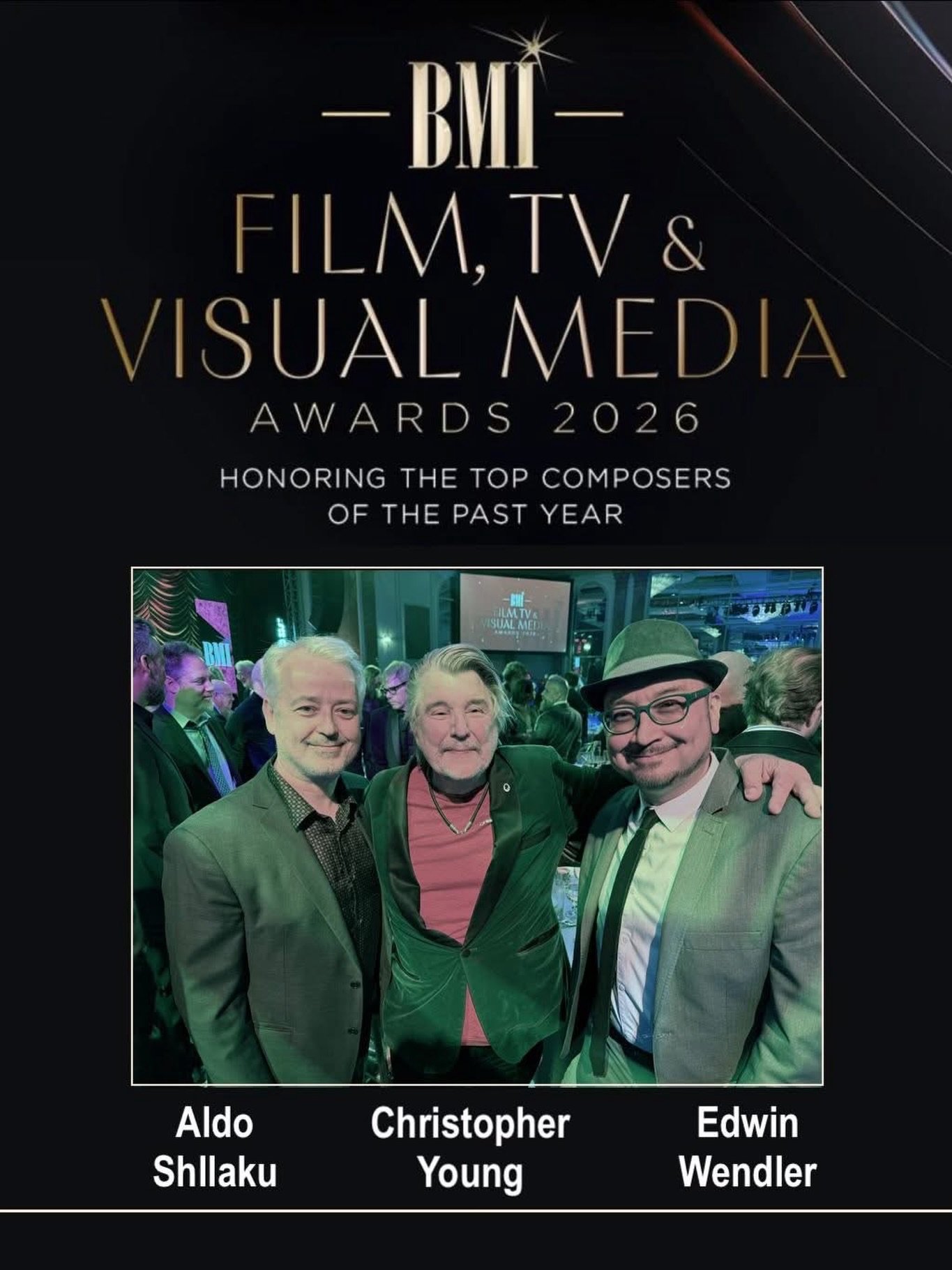 @bmi members, Aldo Shllaku @shllaku.aldo, Christopher Young @officialchristopheryoung &amp; Edwin Wendler @edwinwendler, were honored to attend last nights BMI Film, TV &amp; Visual Media Awards where composer Theodore Shapiro won the ICON Award. Our
