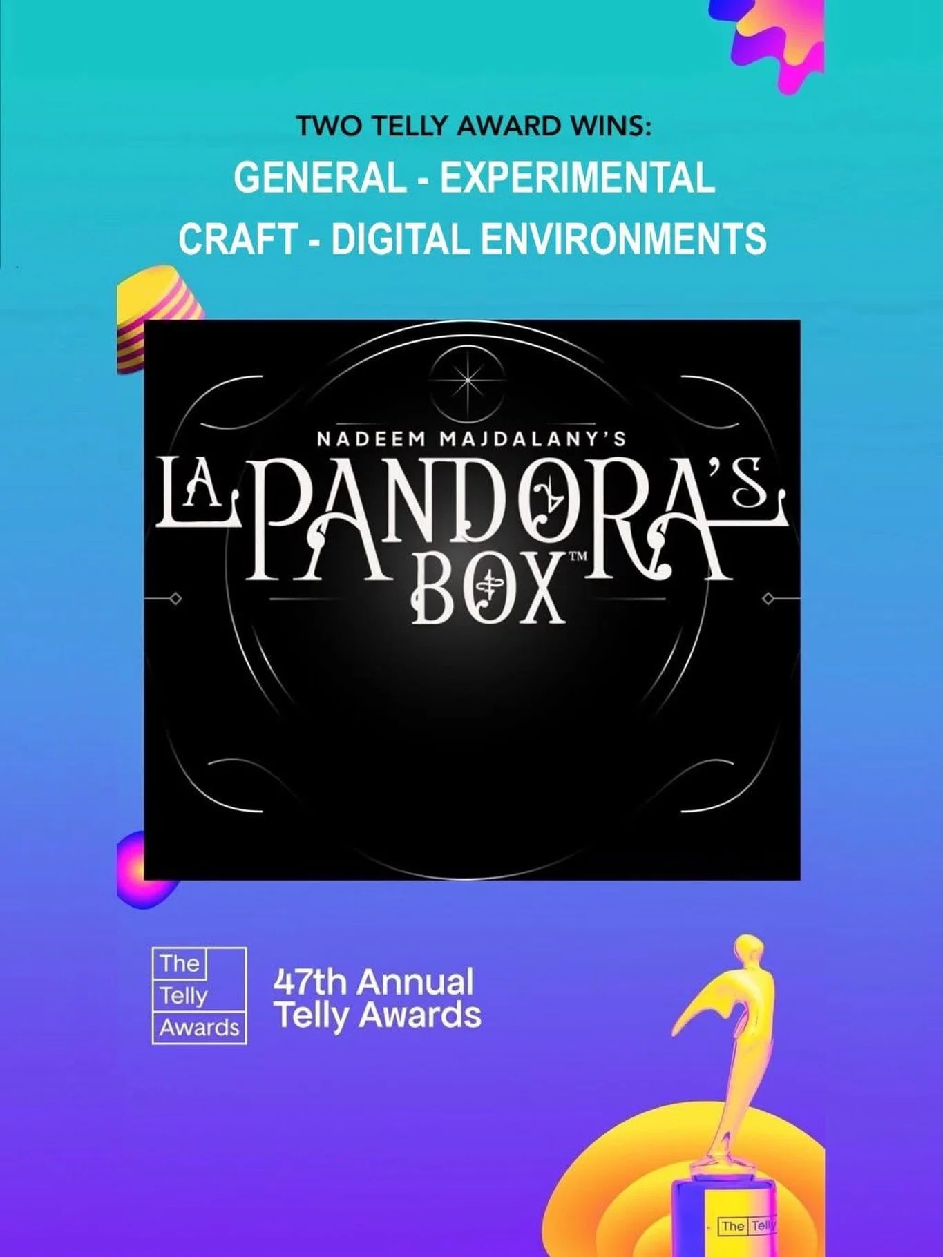 Congratulations to our client, Nadeem Majdalany @majdalany, on his two Telly Awards! He won in the &lsquo;Craft - Digital Environments&rsquo; and &lsquo;General - Experimental&rsquo; categories! 𝙇𝘼 𝙋𝘼𝙉𝘿𝙊𝙍𝘼&rsquo;𝙎 𝘽𝙊𝙓 is now available to