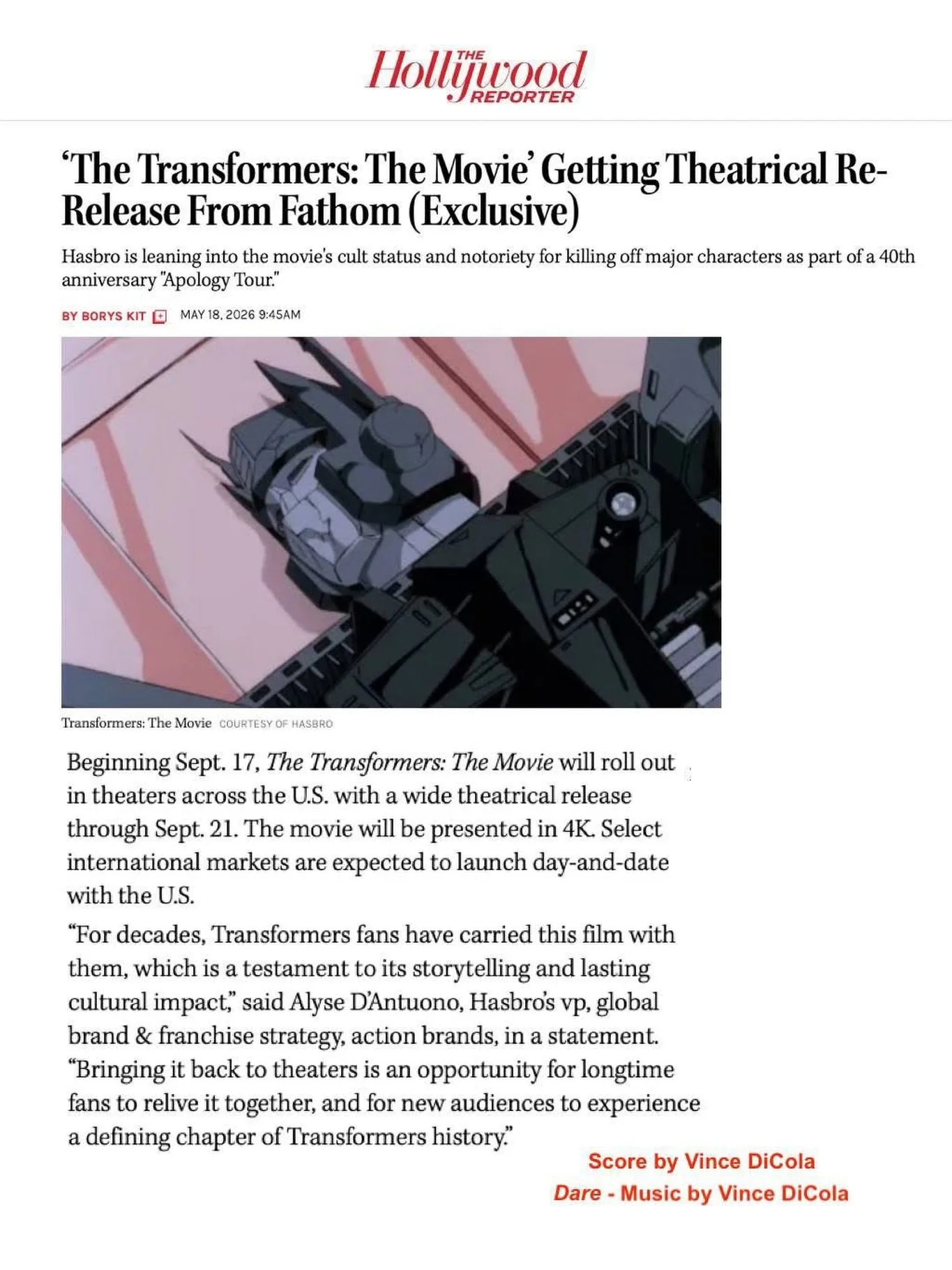 The 1st movie in the Transformers franchise, 𝙏𝙃𝙀 𝙏𝙍𝘼𝙉𝙎𝙁𝙊𝙍𝙈𝙀𝙍𝙎 𝙏𝙃𝙀 𝙈𝙊𝙑𝙄𝙀 scored by our Golden Globe &amp; Grammy nominated client &amp; legend Vince DiCola @dicolaofficial, is coming back to the big screen starting on September 