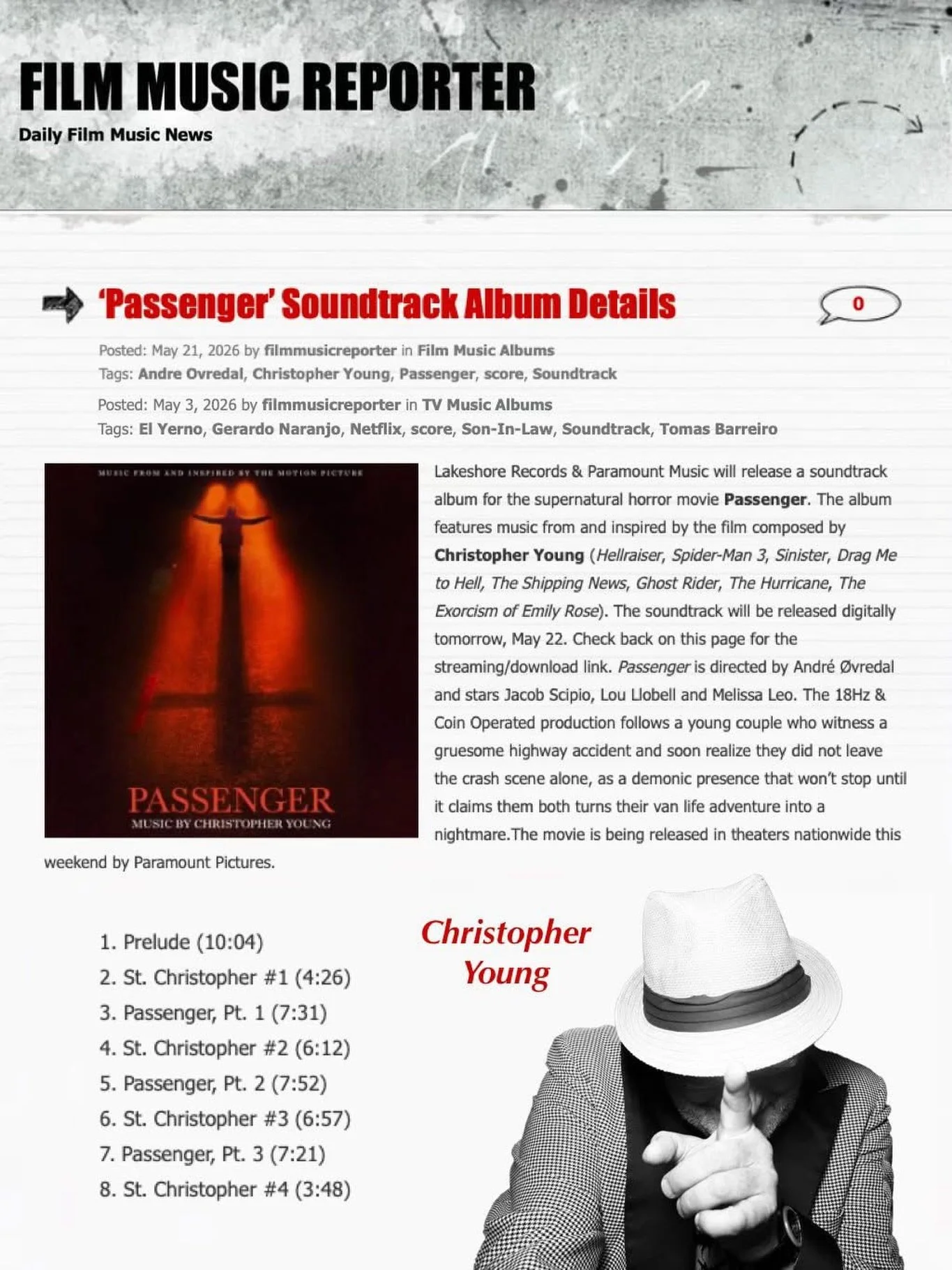 @filmmusicrep is reporting that the score from 𝙋𝘼𝙎𝙎𝙀𝙉𝙂𝙀𝙍, by our legendary client Christopher Young @officialchristopheryoung, will be released by Lakeshore Records tomorrow Friday May 22nd! Go see 𝙋𝘼𝙎𝙎𝙀𝙉𝙂𝙀𝙍 only in theaters this Fr