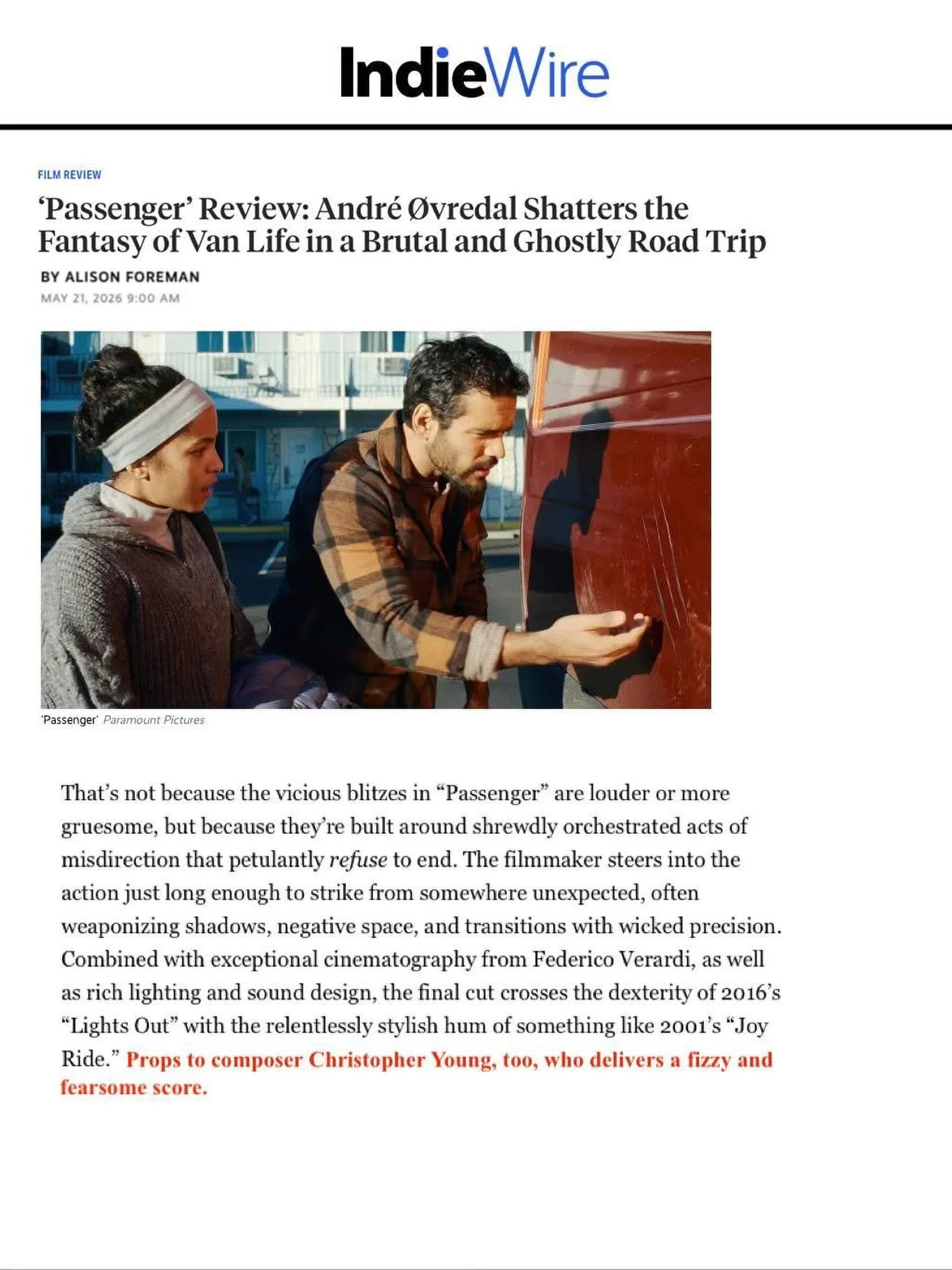 A nice mention of Christopher Young&rsquo;s @officialchristopheryoung score in this @indiewire review by acclaimed Features Writer Alison Foreman @alfaforeman. Movie comes out only in theaters starting tomorrow. Stream Christopher&rsquo;s score tomor