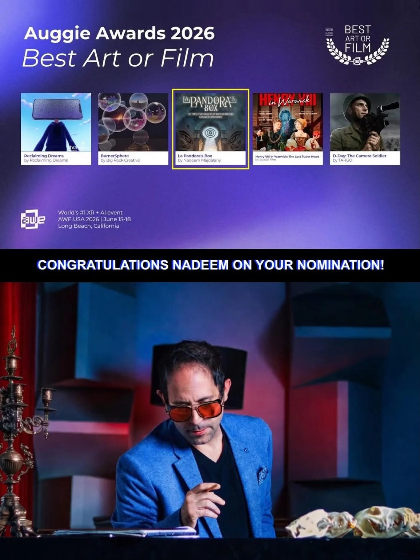 The nominations keep coming for our award-winning client, Nadeem Majdalany @majdalany! His fully immersive motion picture concert experience, 𝙇𝘼 𝙋𝘼𝙉𝘿𝙊𝙍𝘼&rsquo;𝙎 𝘽𝙊𝙓, has been nominated for a prestigious Auggie Award in the category &lsqu
