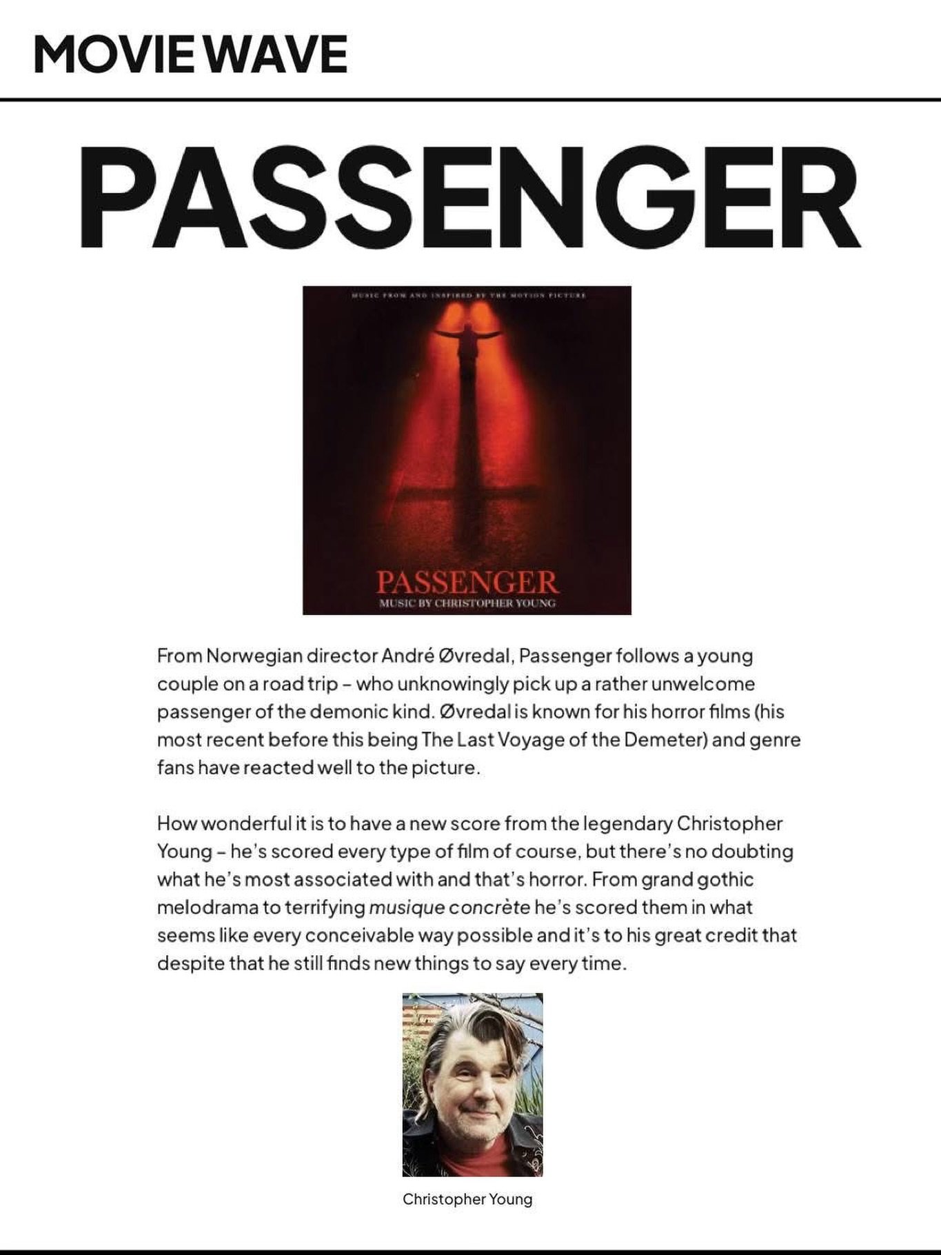 The reviews of Christopher Young&rsquo;s @officialchristopheryoung creepy score from @paramountpics 𝙋𝘼𝙎𝙎𝙀𝙉𝙂𝙀𝙍 are coming in! Here&rsquo;s a wonderful write-up from Movie Wave by famed writer, James Southall. Watch 𝙋𝘼𝙎𝙎𝙀𝙉𝙂𝙀𝙍 only in 