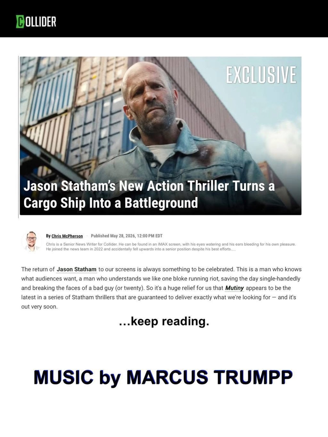 Great article from our friends at @collider about the upcoming action/thriller 𝙈𝙐𝙏𝙄𝙉𝙔 starring Jason Statham and featuring a brand new nail biting action score by our client, Marcus Trumpp @trumppet! Get the 411 in the article on the soon (Augu