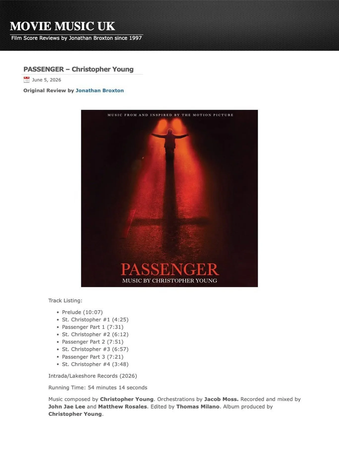 Jonathan Broxton from Movie Music UK just reviewed the 𝙋𝘼𝙎𝙎𝙀𝙉𝙂𝙀𝙍 score by our BMI winning, Golden Globe &amp; Emmy nominated client, Christopher Young @officialchristopheryoung. Follow the link to read more. Stream the score today from Lakes