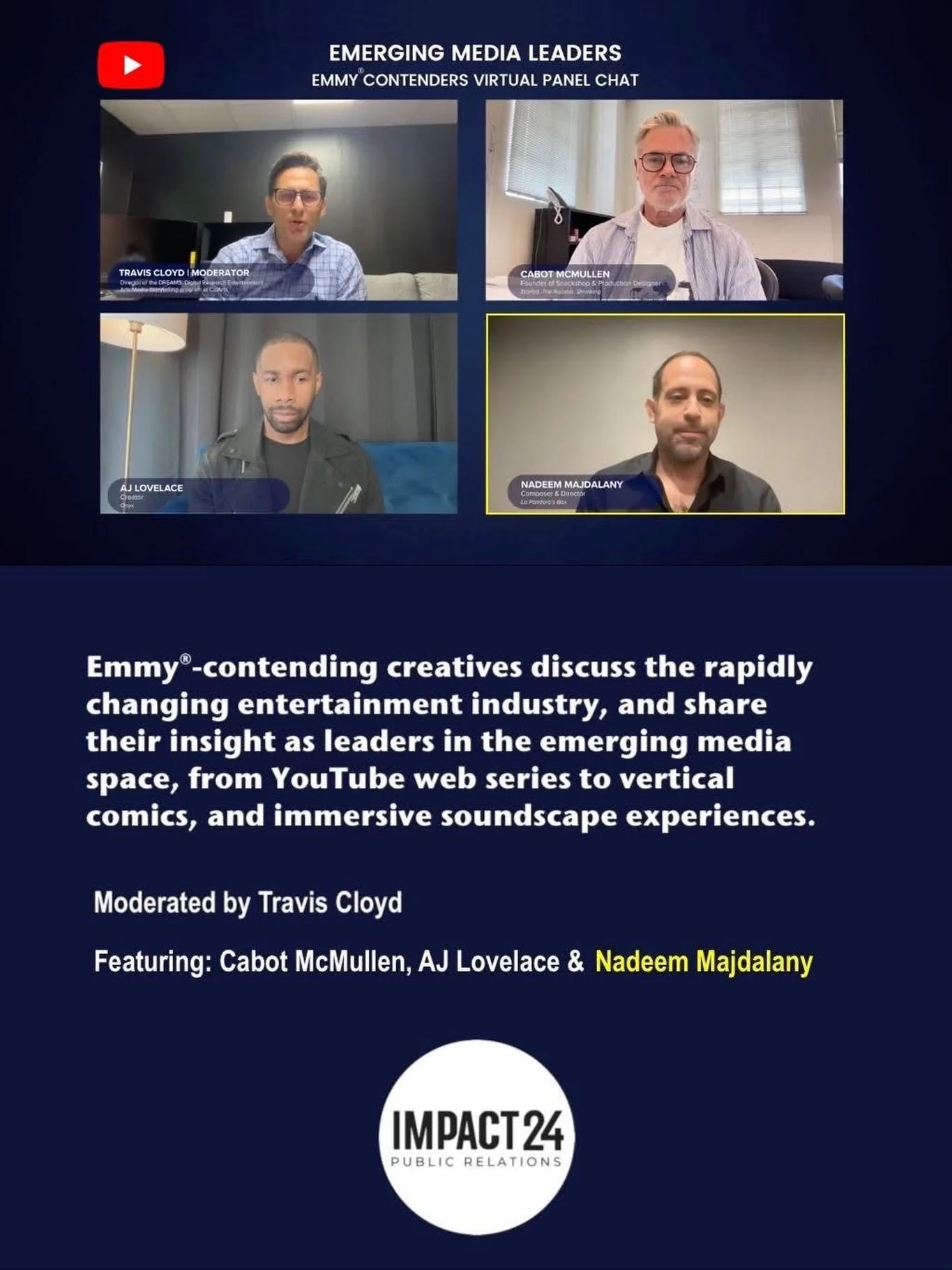Please enjoy this lively panel discussion featuring our award-winning client, Nadeem Majdalany.

For Your 2026 Emmy&reg; Consideration:
𝙇𝘼 𝙋𝘼𝙉𝘿𝙊𝙍𝘼&rsquo;𝙎 𝘽𝙊𝙓
Category: OUTSTANDING INNOVATION IN
EMERGING MEDIA PROGRAMMING
by Nadeem Majda