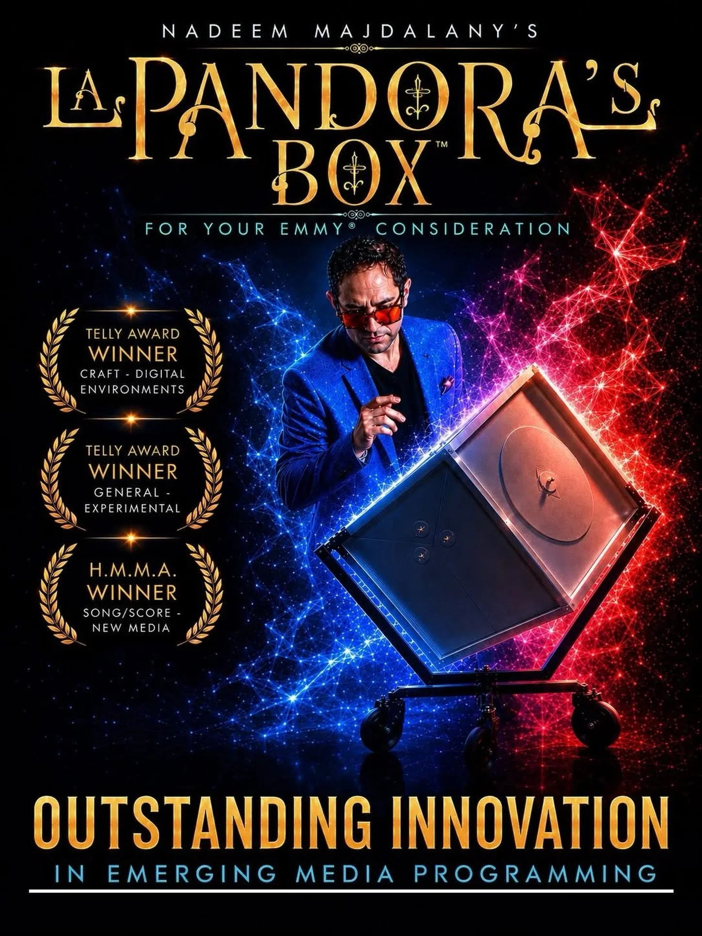 For Your 2026 Emmy&reg; Consideration
OUTSTANDING INNOVATION IN
EMERGING MEDIA PROGRAMMING
by Nadeem Majdalany

𝙇𝘼 𝙋𝘼𝙉𝘿𝙊𝙍𝘼&rsquo;𝙎 𝘽𝙊𝙓 is the 1st fully immersive motion picture concert experience, which was shot in 12k RAW true 360&deg;.