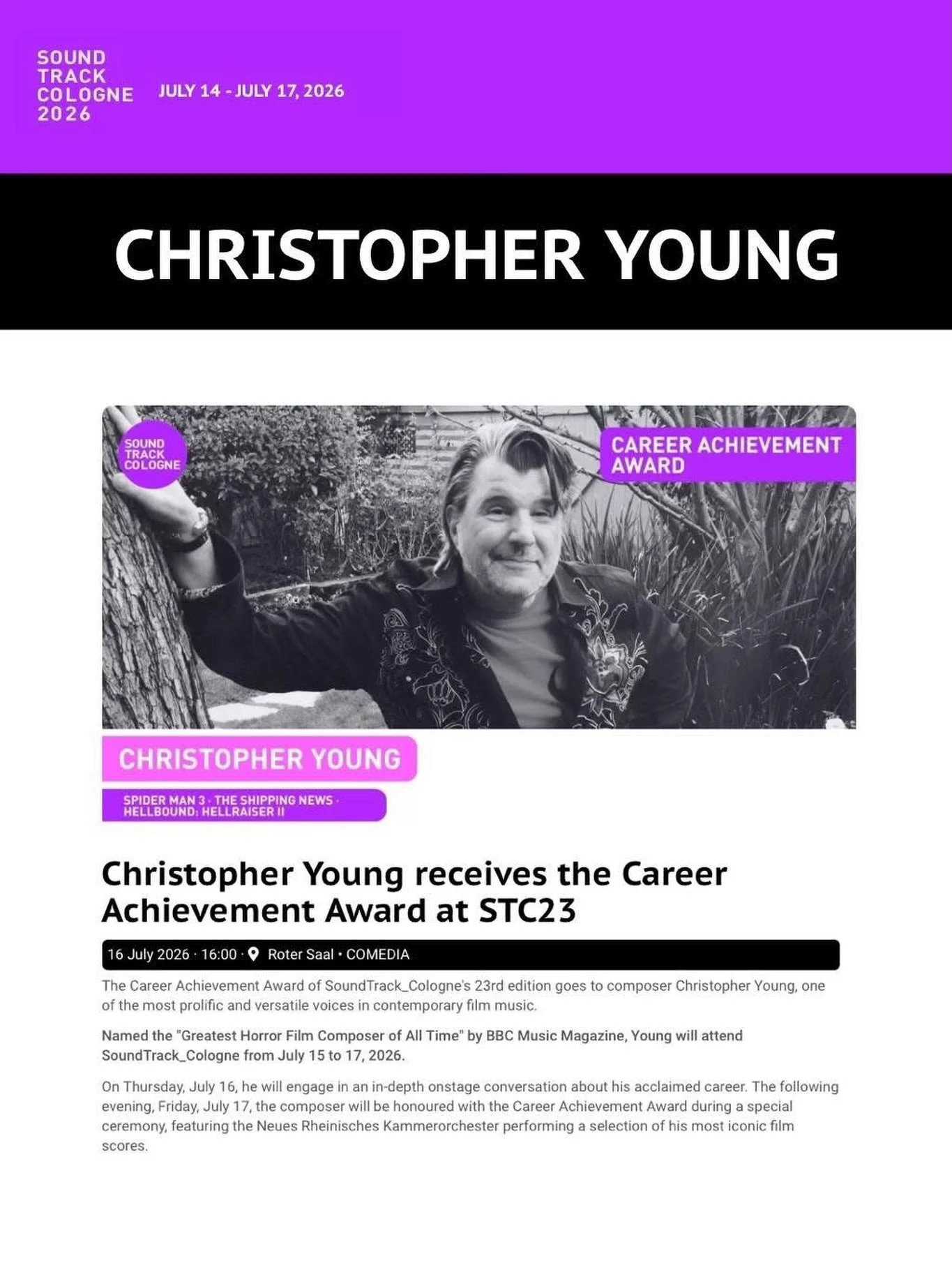 On Friday July 17th our Golden Globe &amp; 2x Emmy nominated &amp; 6x BMI award-winning client, Christopher Young @officialchristopheryoung, will receive this years Career Achievement Award at @soundtrackcologne&rsquo;s 23rd edition! This prestigious