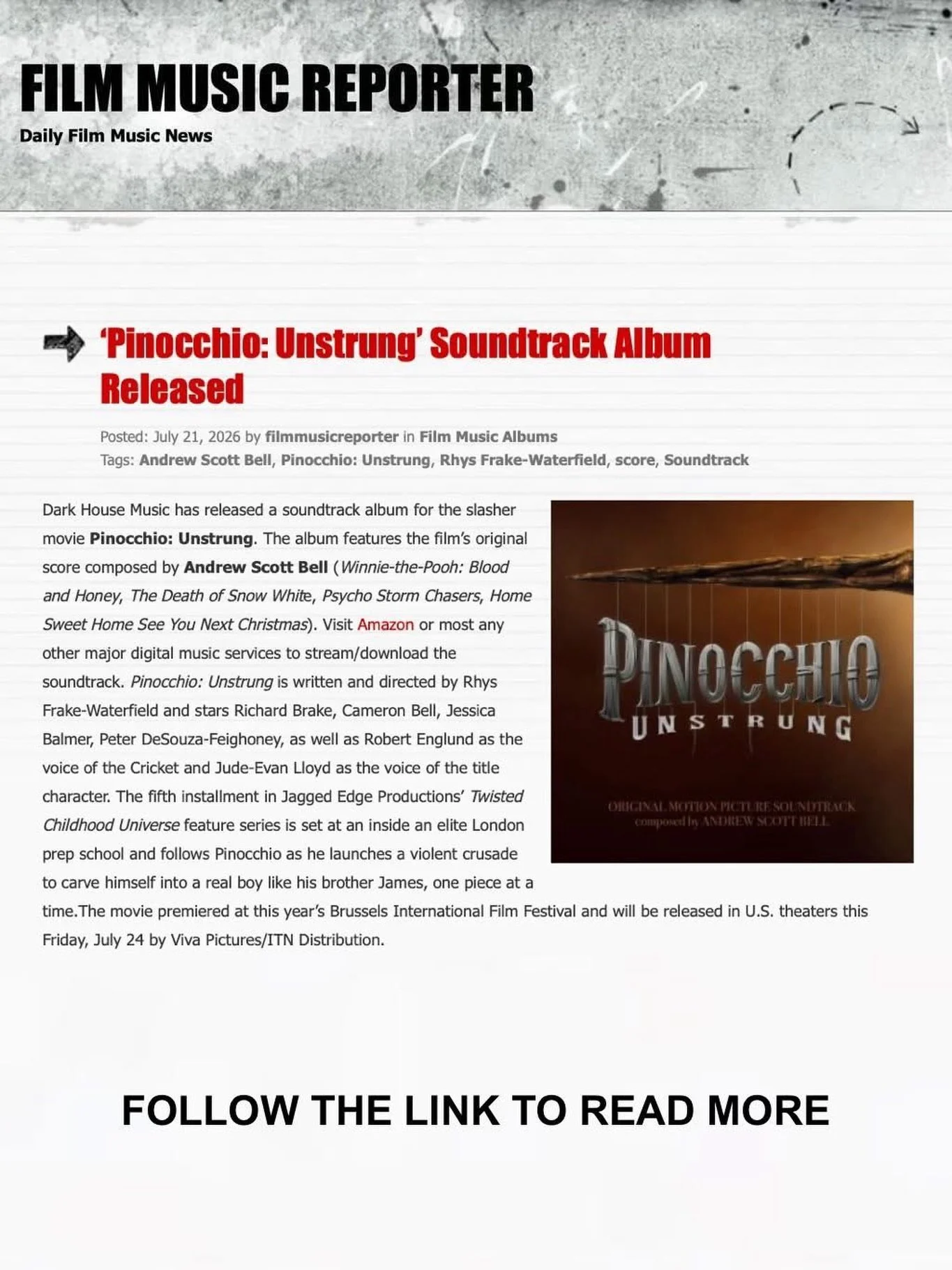 Thank you to our friends at @filmmusicrep as they have the scoop on the 𝙋𝙄𝙉𝙊𝘾𝘾𝙃𝙄𝙊: 𝙐𝙉𝙎𝙏𝙍𝙐𝙉𝙂 soundtrack by our client Andrew Scott Bell @andrewscottbell!Follow the link to read it and be sure to stream this impressive grand gothic sco