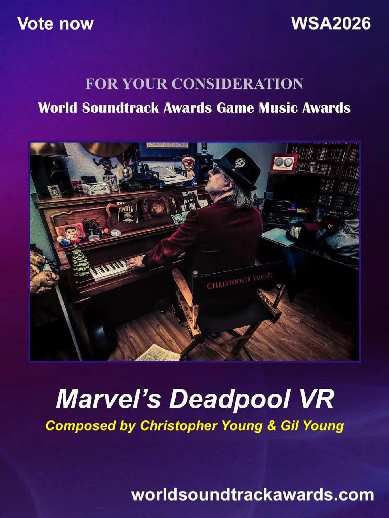For Your Consideration
𝙈𝘼𝙍𝙑𝙀𝙇&rsquo;𝙎 𝘿𝙀𝘼𝘿𝙋𝙊𝙊𝙇 𝙑𝙍
by Christopher Young &amp; Gil Young 

Voting for the &lsquo;World Soundtrack Awards Game Music Awards&rsquo; ends this Saturday August 15h at 11:59PM (CEST).

Please consider our cli