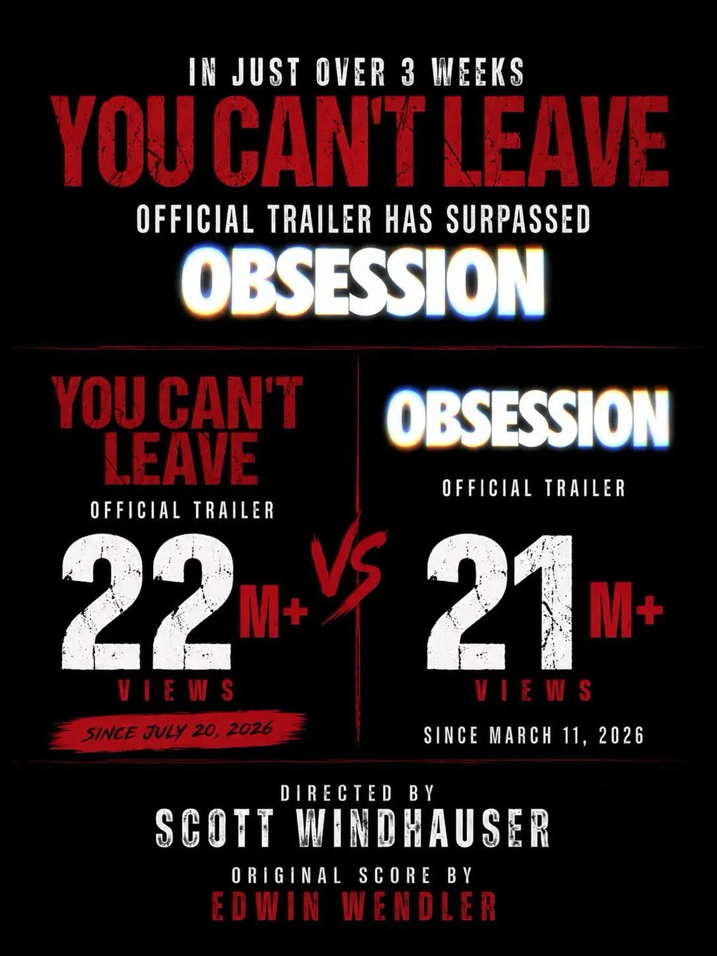 Congrats to the cast and crew of 𝙔𝙊𝙐 𝘾𝘼𝙉&rsquo;𝙏 𝙇𝙀𝘼𝙑𝙀 including our client, Edwin Wendler @edwinwendler, who wrote the score! The official trailer, which has only been out for a little over 3 weeks, has garnered more views than the trail