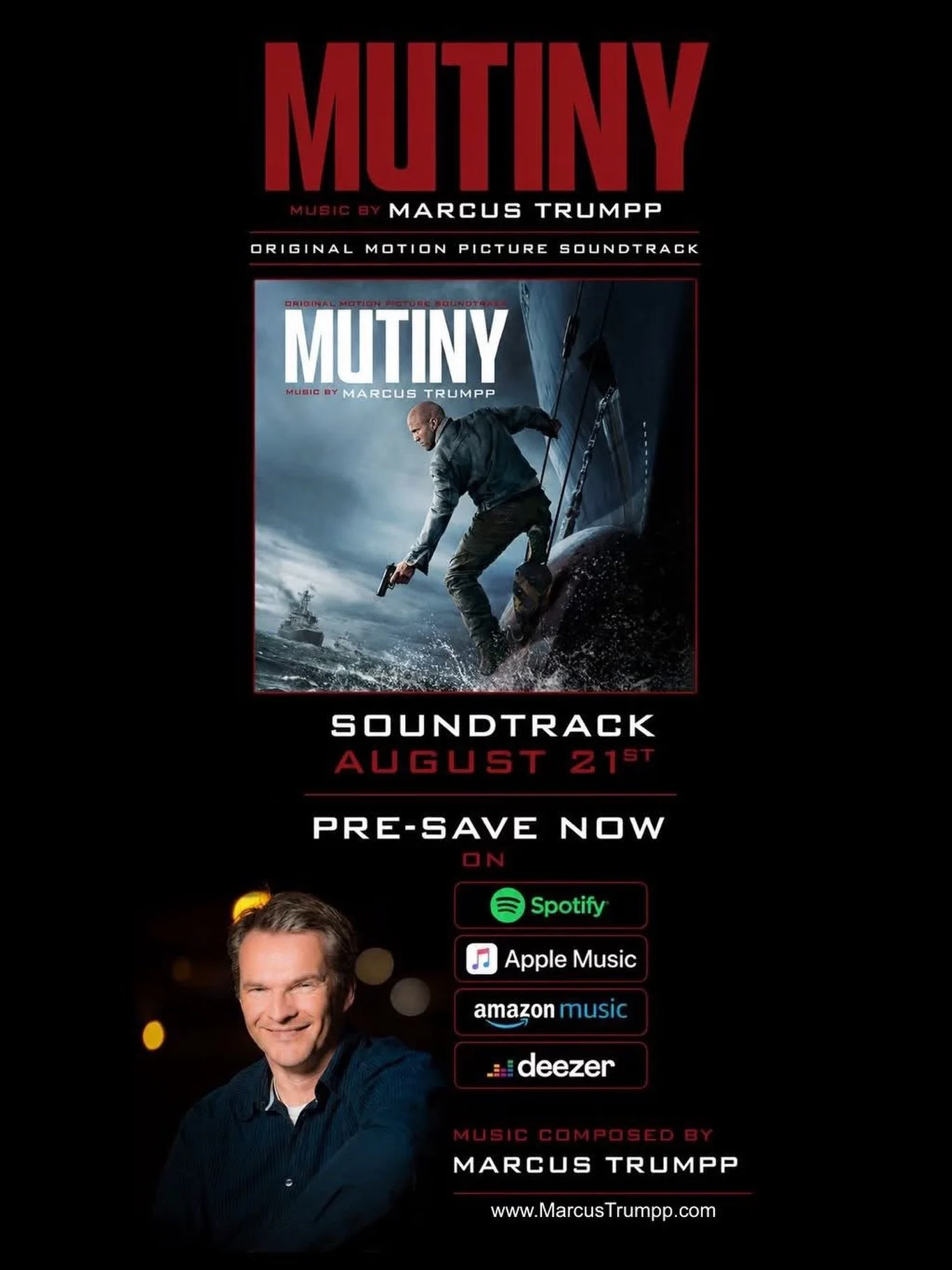 Attention all soundtrack aficionados you can now pre-save the upcoming action/thriller score 𝙈𝙐𝙏𝙄𝙉𝙔 by our client, Marcus Trumpp @trumppet! Movie &amp; soundtrack are out this Friday August 21st!
*
Pre-save: LINK IN PROFILE
*
#marcustrumpp #jas