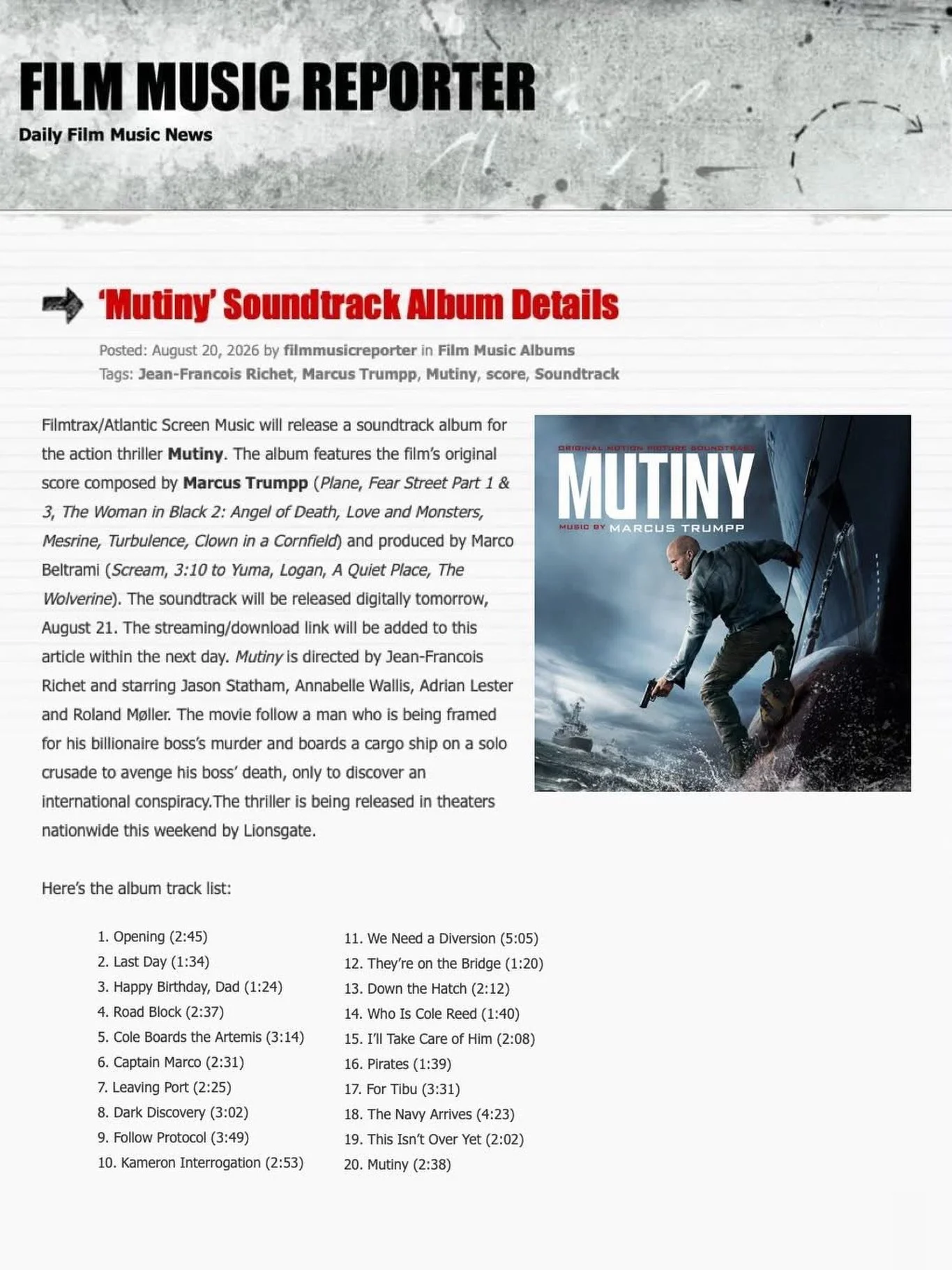 Our friends at Film Music Reporter have a nice write up about Lionsgate&rsquo;s August 21st theatrical action/thriller 𝙈𝙐𝙏𝙄𝙉𝙔 scored by one of the best, our client Marcus Trumpp @trumppet! Read it below and his soundtrack drops tomorrow too!
*
