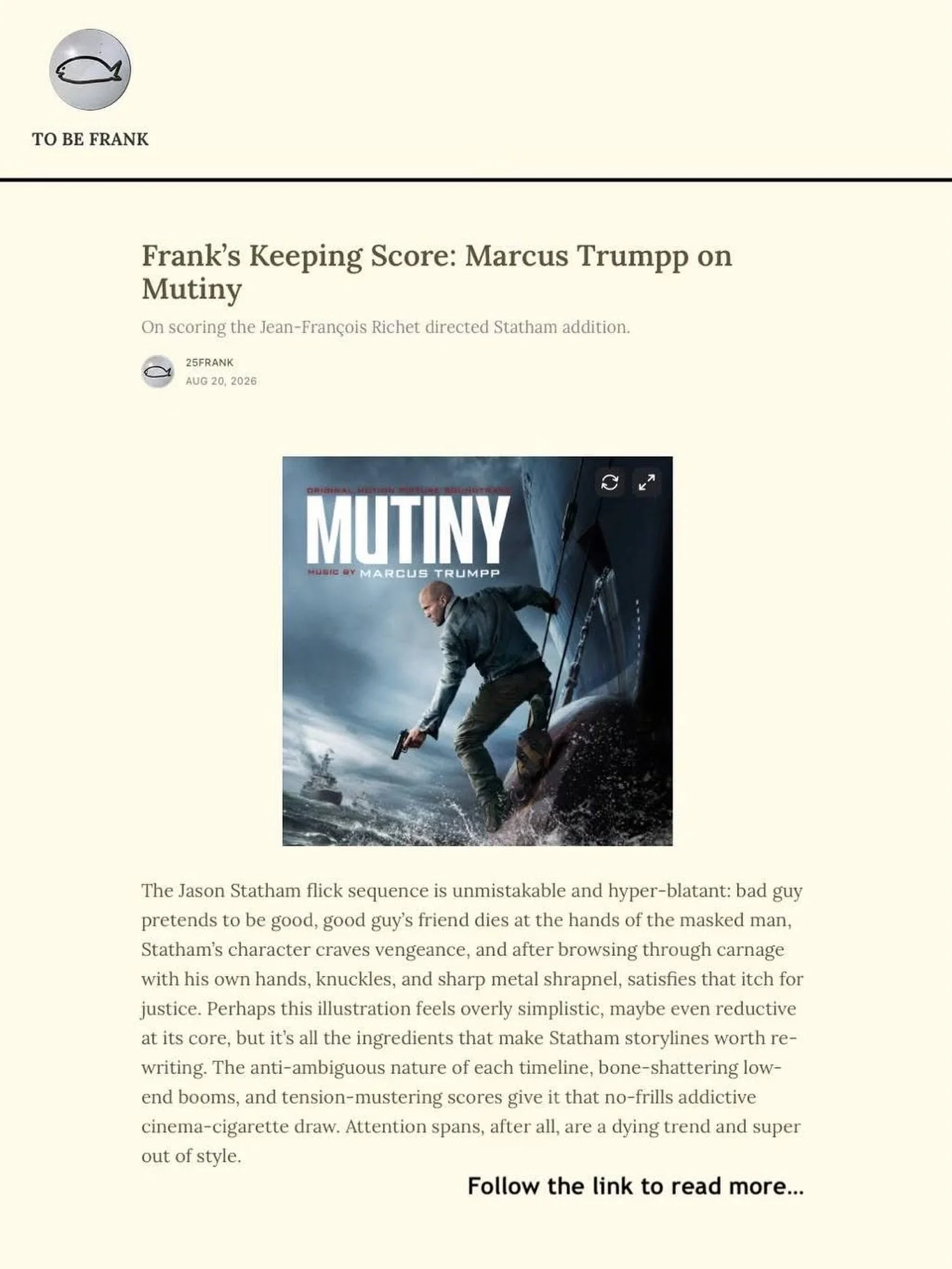 Our client, Marcus Trumpp @trumppet, was interviewed on the Substack To Be Frank recently! They talk 𝙈𝙐𝙏𝙄𝙉𝙔, working with Jean-Fran&ccedil;ois Richet and Marcus&rsquo;s approach to the music! Movie (in theaters only) &amp; soundtrack are out to