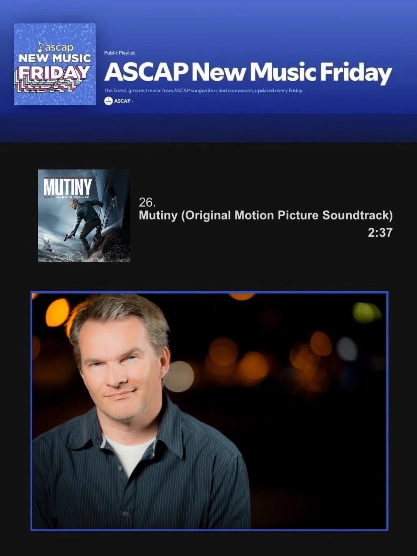 Check out Track 26. 𝘔𝘶𝘵𝘪𝘯𝘺 by our client Marcus Trumpp @trumppet, which has just been added to ASCAP&rsquo;s New Music Friday Playlist! 𝙈𝙪𝙩𝙞𝙣𝙮 opened this past weekend and stars one of the go-to actors in the action/thriller space, Jason 