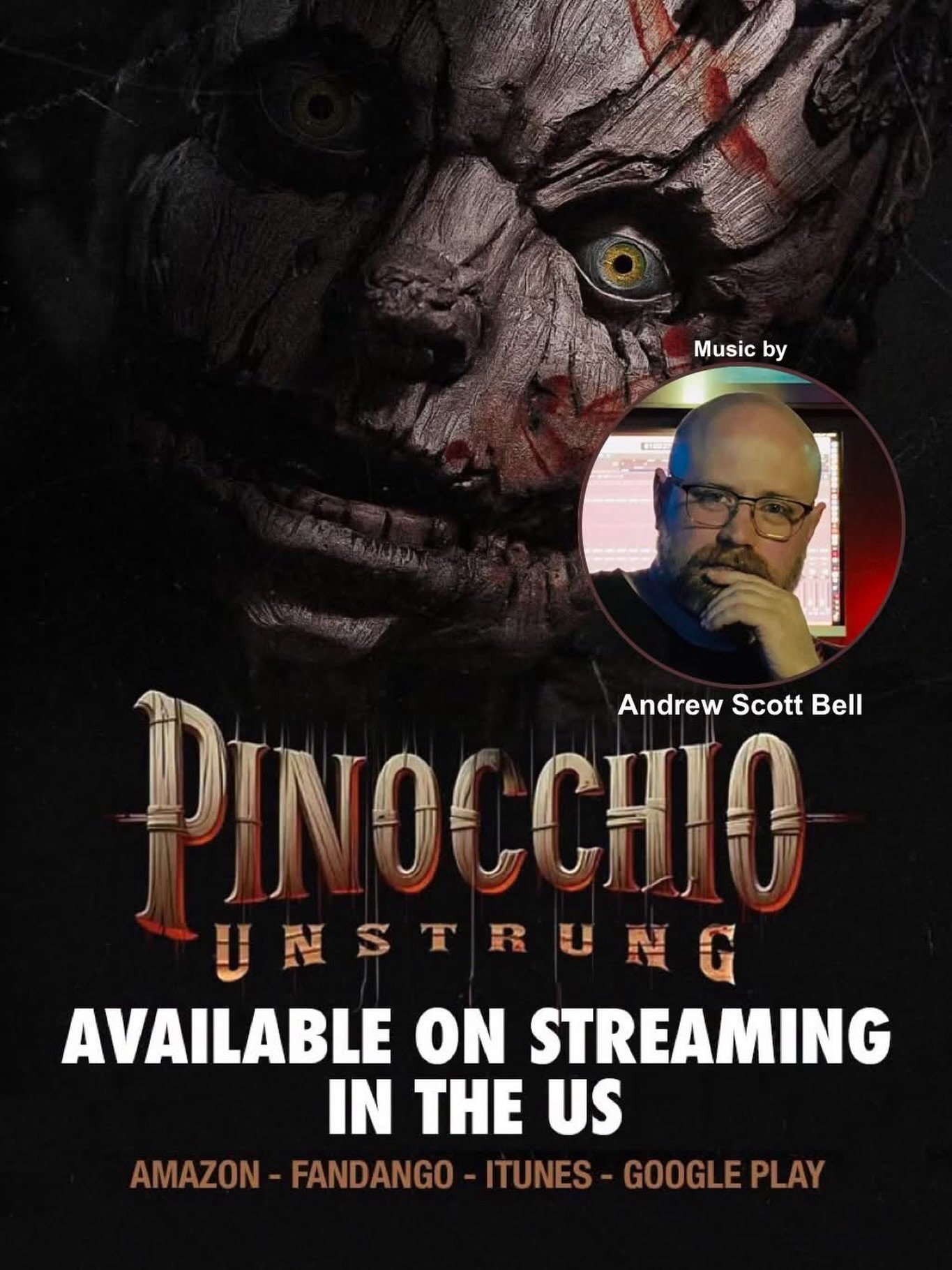 Now available in the US, 𝙋𝙄𝙉𝙊𝘾𝘾𝙃𝙄𝙊: 𝙐𝙉𝙎𝙏𝙍𝙐𝙉𝙂 featuring a new score by one of horror&rsquo;s greatest composers, Andrew Scott Bell @andrewscottbell! Watch it today! And be sure to stream Andrew&rsquo;s mischievous score today on your 