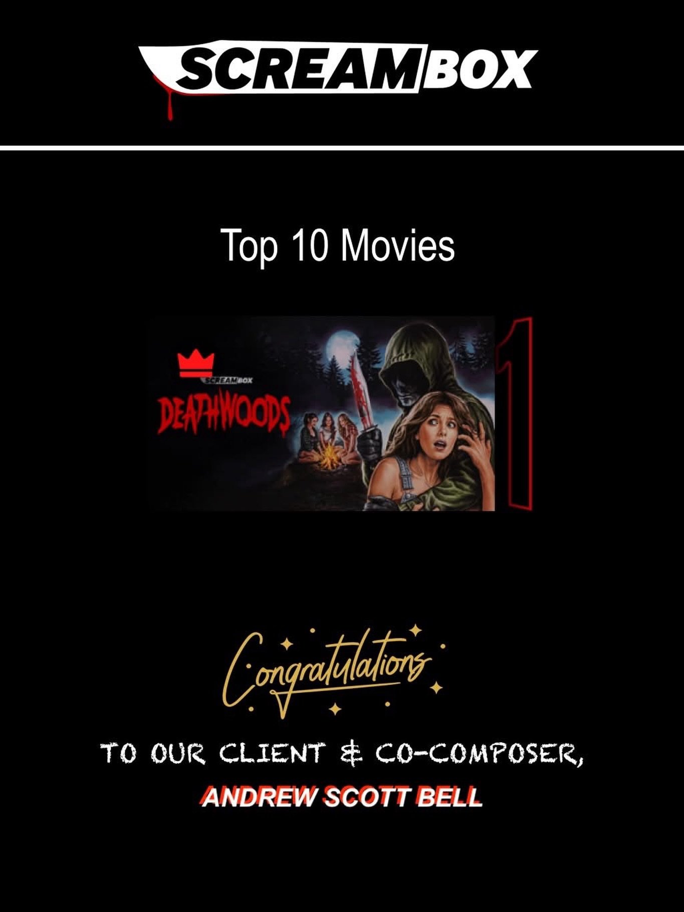 Congratulations to our award-winning client Andrew Scott Bell @andrewscottbell! His latest film, 𝘿𝙀𝘼𝙏𝙃𝙒𝙊𝙊𝘿𝙎, which he co-scored with the equally brilliant Jonathan Hull is #1 on Screambox!
*
Info: LINK IN PROFILE
*
#andrewscottbell #jonatha