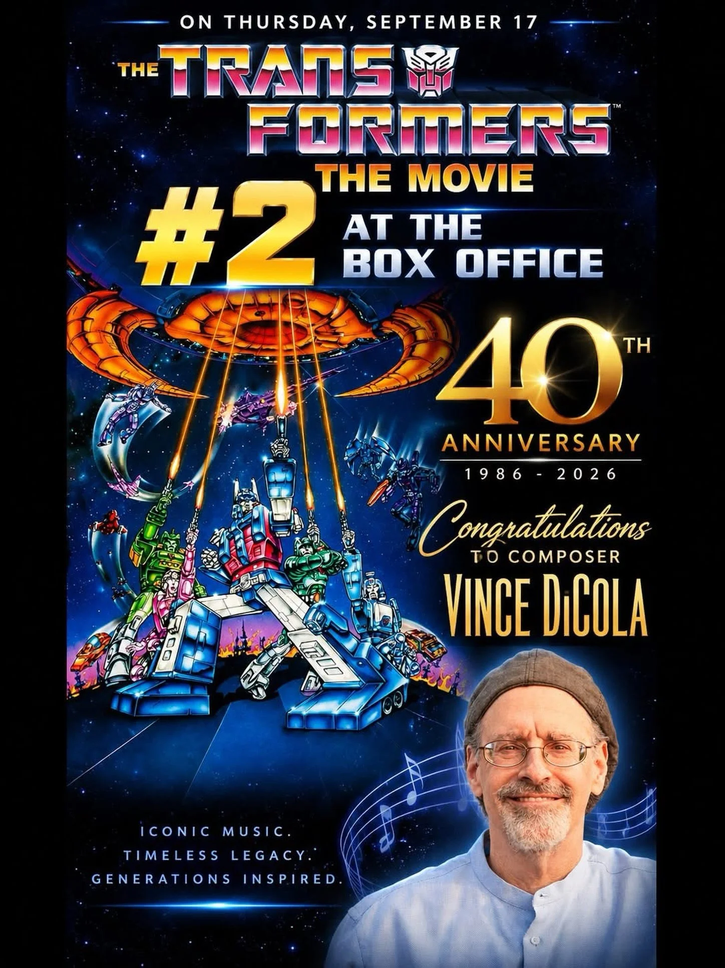 Congrats to our Grammy &amp; Golden Globe nominated client, Vince DiCola @dicolaofficial, as he had the #2 movie at the Box Office! 40 years later, and 𝙏𝙃𝙀 𝙏𝙍𝘼𝙉𝙎𝙁𝙊𝙍𝙈𝙀𝙍𝙎 𝙏𝙃𝙀 𝙈𝙊𝙑𝙄𝙀 is still rocking! For millions of Transformers f