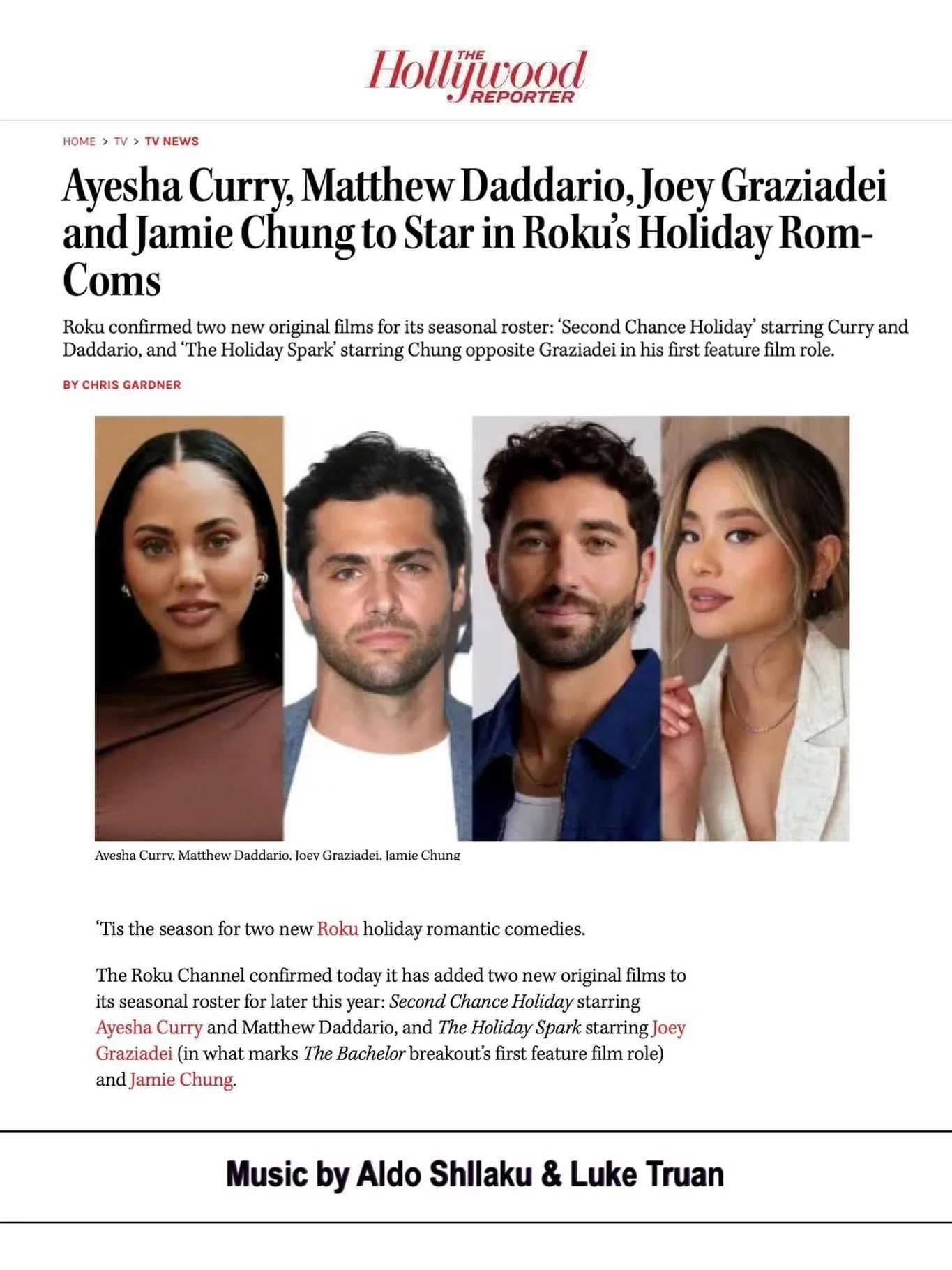 Coming to your TV sets this holiday season is 𝙏𝙃𝙀 𝙃𝙊𝙇𝙄𝘿𝘼𝙔 𝙎𝙋𝘼𝙍𝙆 starring Joey Graziadei (R.J. Decker) &amp; Jamie Chung (BIG HERO 6). Our client Aldo Shllaku @shllaku.aldo along with composer Luke Truan added some of their holiday musi
