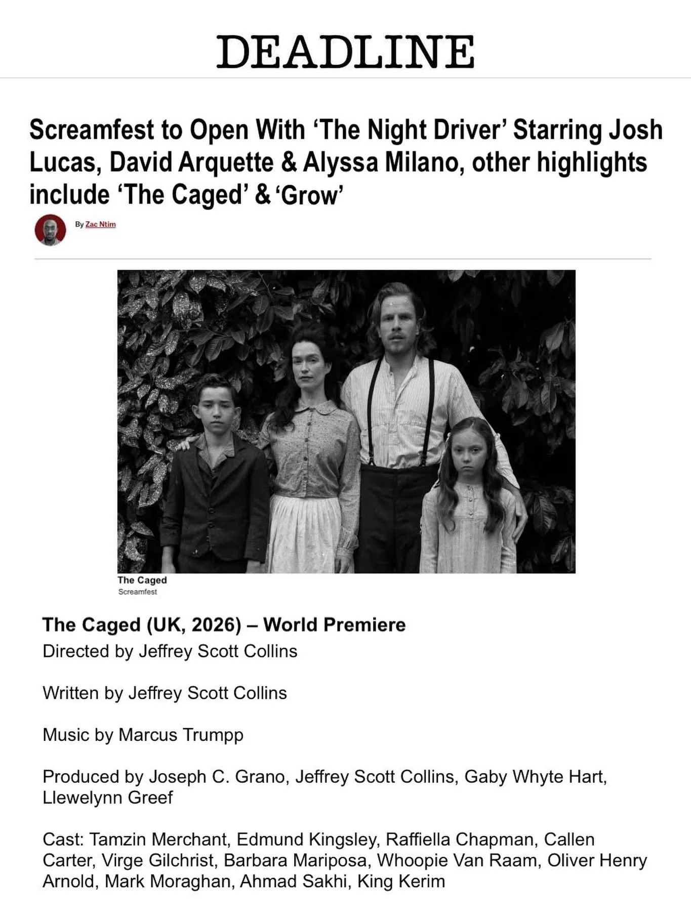 Deadline Hollywood has the scoop! 𝙏𝙃𝙀 𝘾𝘼𝙂𝙀𝘿, featuring a new score by our client Marcus Trumpp @trumppet, will have its world premiere at the 26th Annual Screamfest Horror Film Festival in Hollywood, CA! Don&rsquo;t miss 𝙏𝙃𝙀 𝘾𝘼𝙂𝙀𝘿 on 