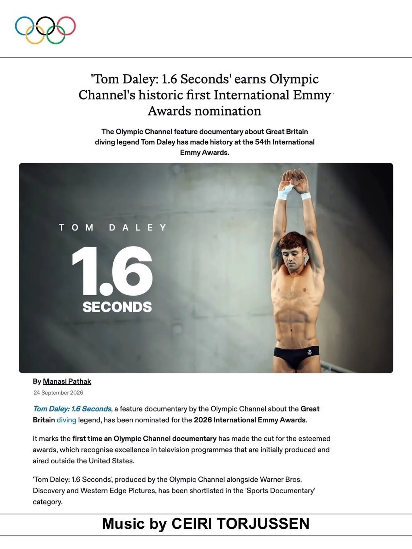 Congrats to our Emmy-nominated client, Ceiri Torjussen! The Warner Bros. Discovery / Olympic Channel documentary he scored, 𝙏𝙊𝙈 𝘿𝘼𝙇𝙀𝙔: 1.6 𝙎𝙀𝘾𝙊𝙉𝘿𝙎 about 5x Olympic medal winner, Tom Daley has earned the Olympic Channel&rsquo;s historic