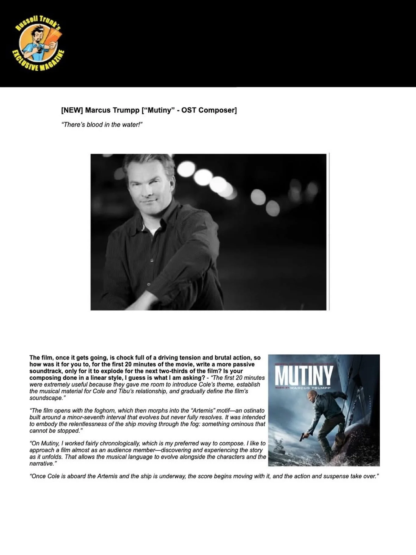 NEW INTERVIEW!

Check out Marcus Trumpp&rsquo;s @trumppet latest interview with Exclusive Magazine. Marcus talks about his latest movie release, 𝙈𝙐𝙏𝙄𝙉𝙔, starring Jason Statham! Be sure to stream the score or movie today on your favorite platfor