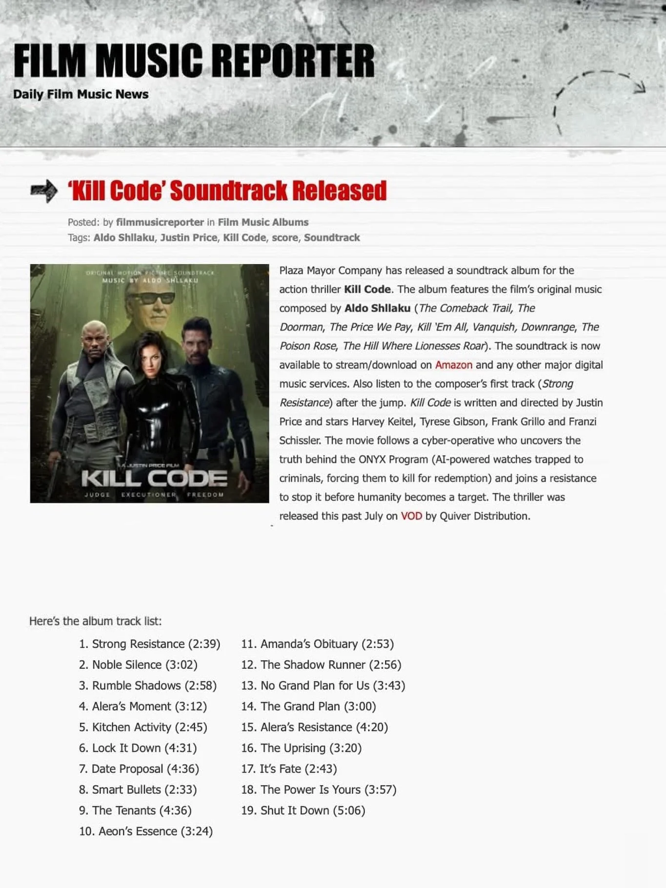 Check out the new article from Film Music Reporter about the latest soundtrack release 𝙆𝙄𝙇𝙇 𝘾𝙊𝘿𝙀 composed by our incredibly gifted client, Aldo Shllaku @shllaku.aldo!

𝙆𝙄𝙇𝙇 𝘾𝙊𝘿𝙀 stars Harvey Keitel, Frank Grillo, Peter Stormare and Ty