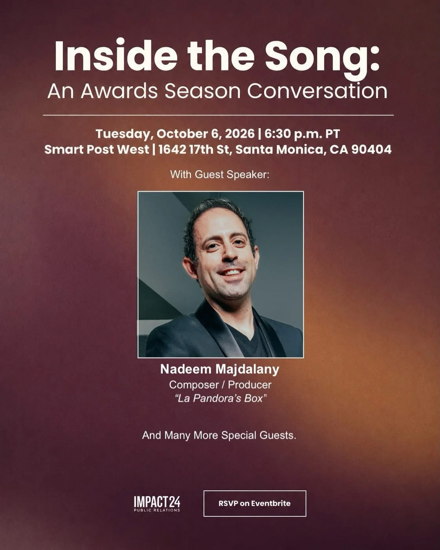 Come meet our brilliant client, Nadeem Majdalany @majdalany and many more creatives at Impact24 PR&rsquo;s &ldquo;Inside the Song: An Awards Season Conversation&rdquo; on Tuesday October 6th! 
*
RSVP: LINK IN PROFILE
*
#nadeemmajdalany #events #award